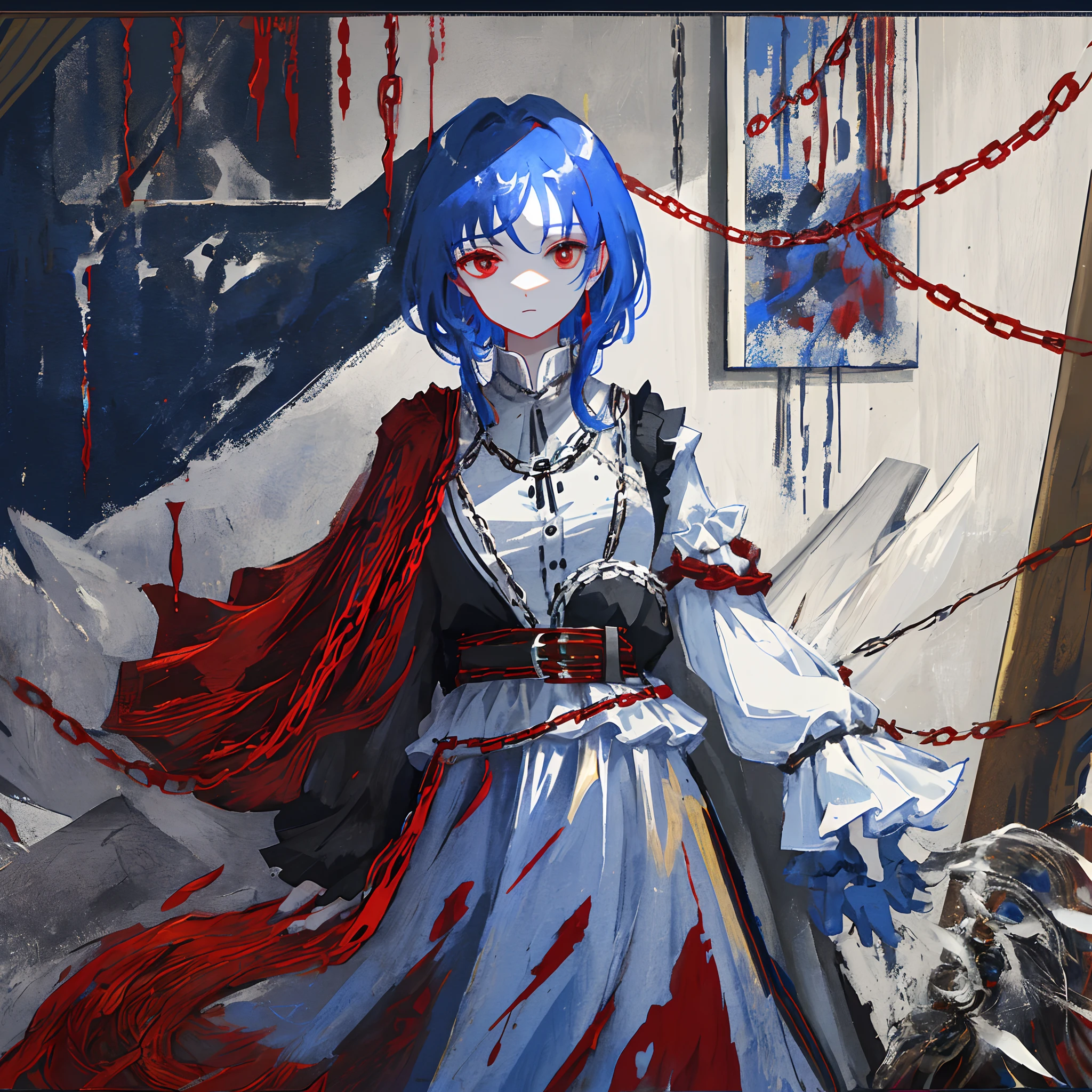 1 girl, upper body, looks at the viewer, in a room filled with paintings, red eyes, blood, long blue hair, chain