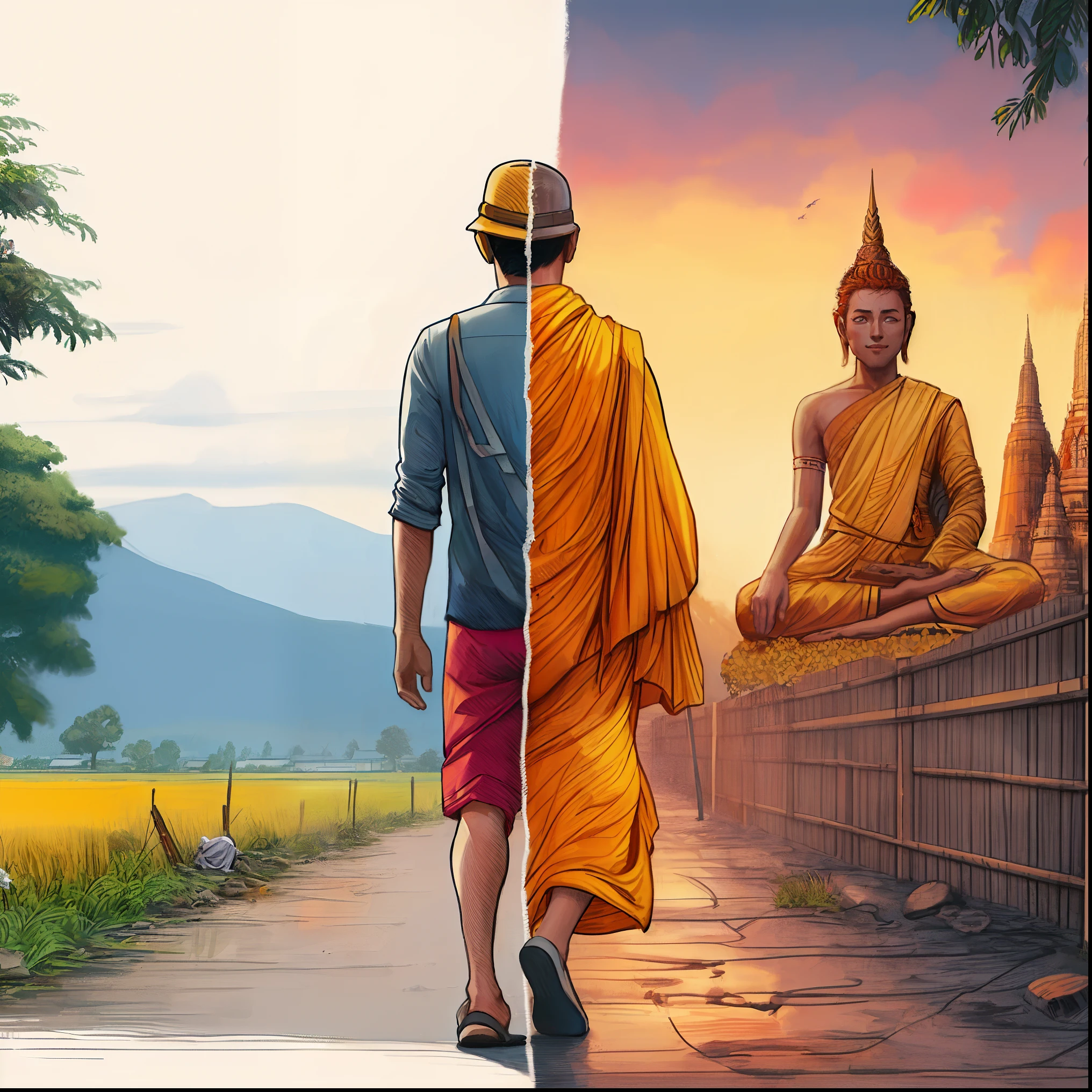 there are two pictures of a man walking down a path, cyril rolando and goro fujita, buddhism, cyril rolando and m.w kaluta, cyril rolando and m. w kaluta, on path to enlightenment, thailand art, inspired by Cyril Rolando, great digital art with details, professional photoshop artwork, photoshop art, style in digital painting