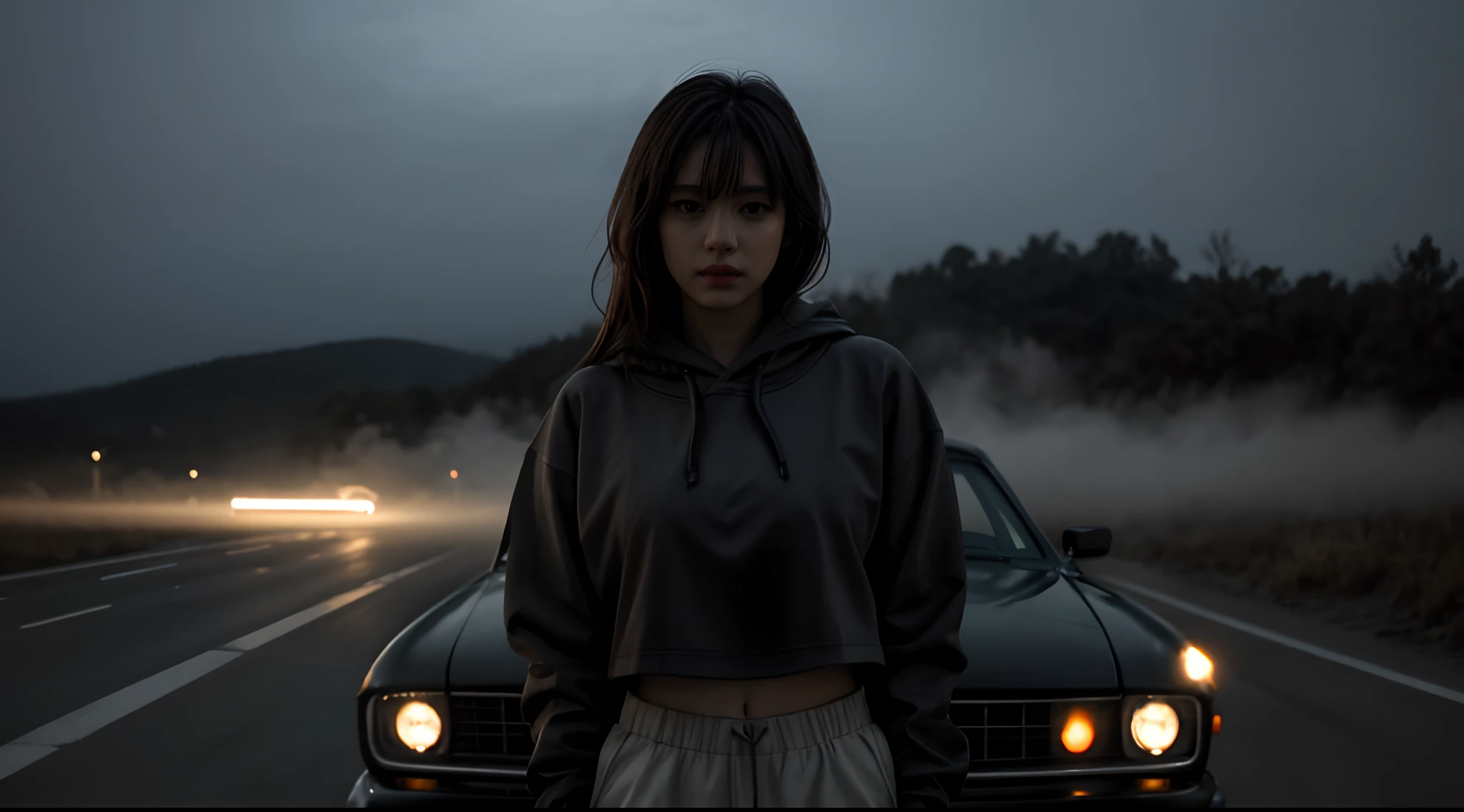 woman in black hoodie standing in front of a car, foggy night, cinematic, ultra detailed, photorealistic, masterpiece.