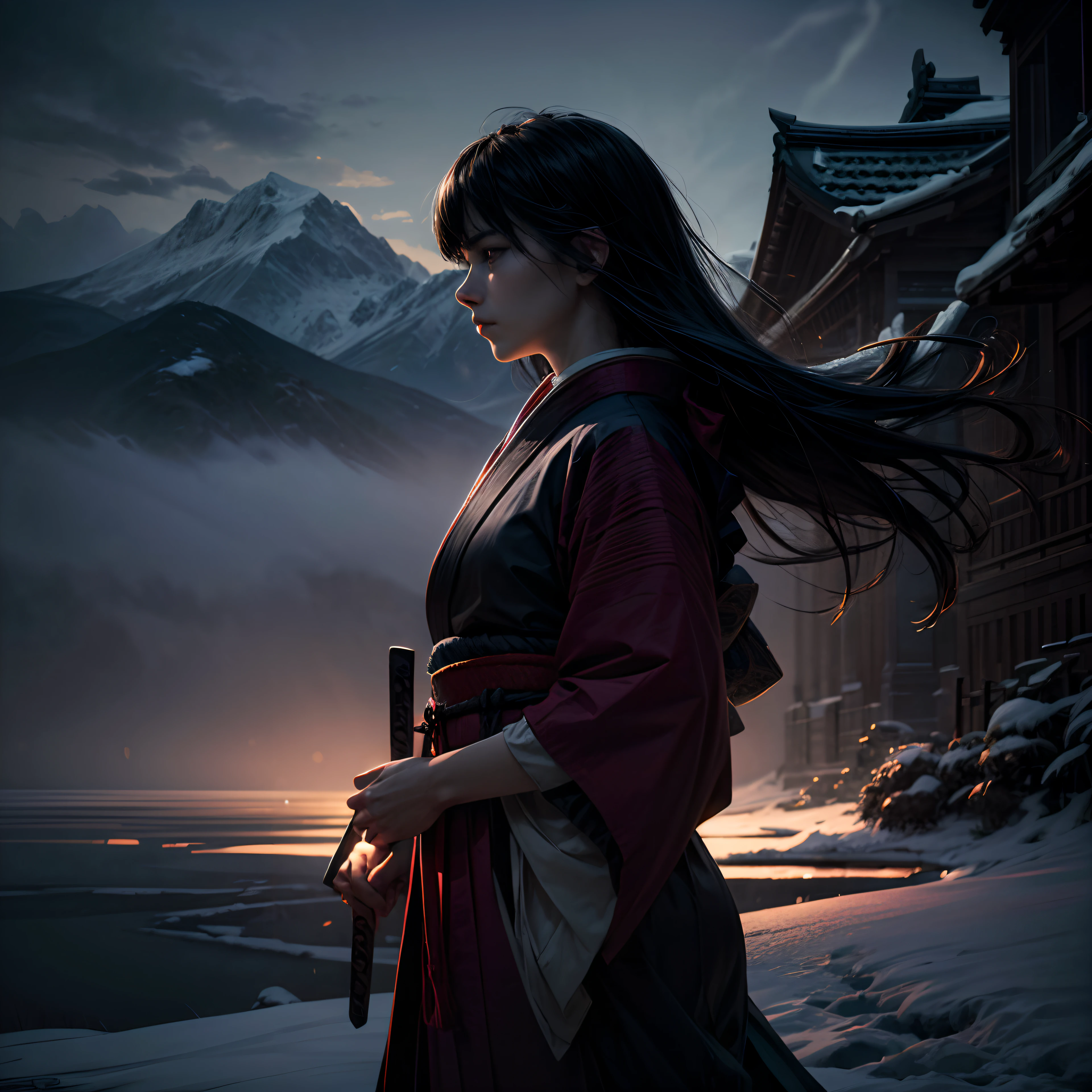 (best quality,4k,8k,highres,masterpiece:1.2),ultra-detailed,realistic,photorealistic:1.37,samurai in red kimono,long flowing cloth,moonlight,boreal steppe,dramatic pose,vibrant colors,sharp focus,traditional Japanese art style,soft lighting,frozen in action,ethereal atmosphere,strong presence,majestic scenery,serene expression,blurred foreground,crisp details,expressive eyes,dynamic composition,sword held high,striking silhouette,elegant movement,mysterious ambiance,subtle shadows,sensational landscape,gentle breezes,glistening snow,solitary figure,quiet solace,secluded beauty,emotive brushstrokes,dark contrast,peaceful night scene,wisps of clouds,calm serenity,hauntingly beautiful,transcendent composition,mesmerizing artistry