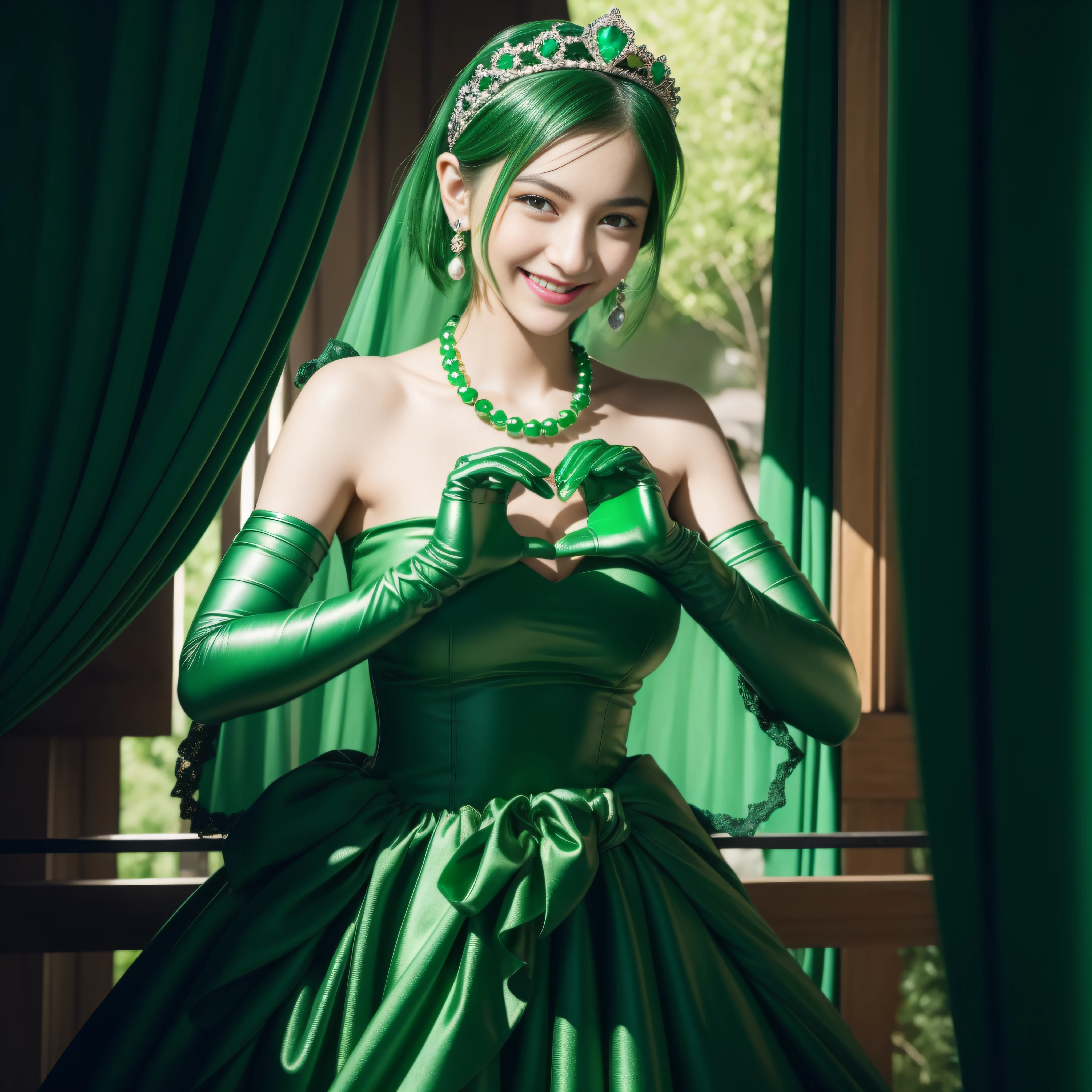 emerald tiara, Green Pearl Necklace, Boyish very short black hair, lipsticks, Japan woman smiling, very short short hair,  big breasts beautiful, Green eyes, Long green gloves made of satin material, Green eyes, Emerald Earrings, green vale, Heart with both hands