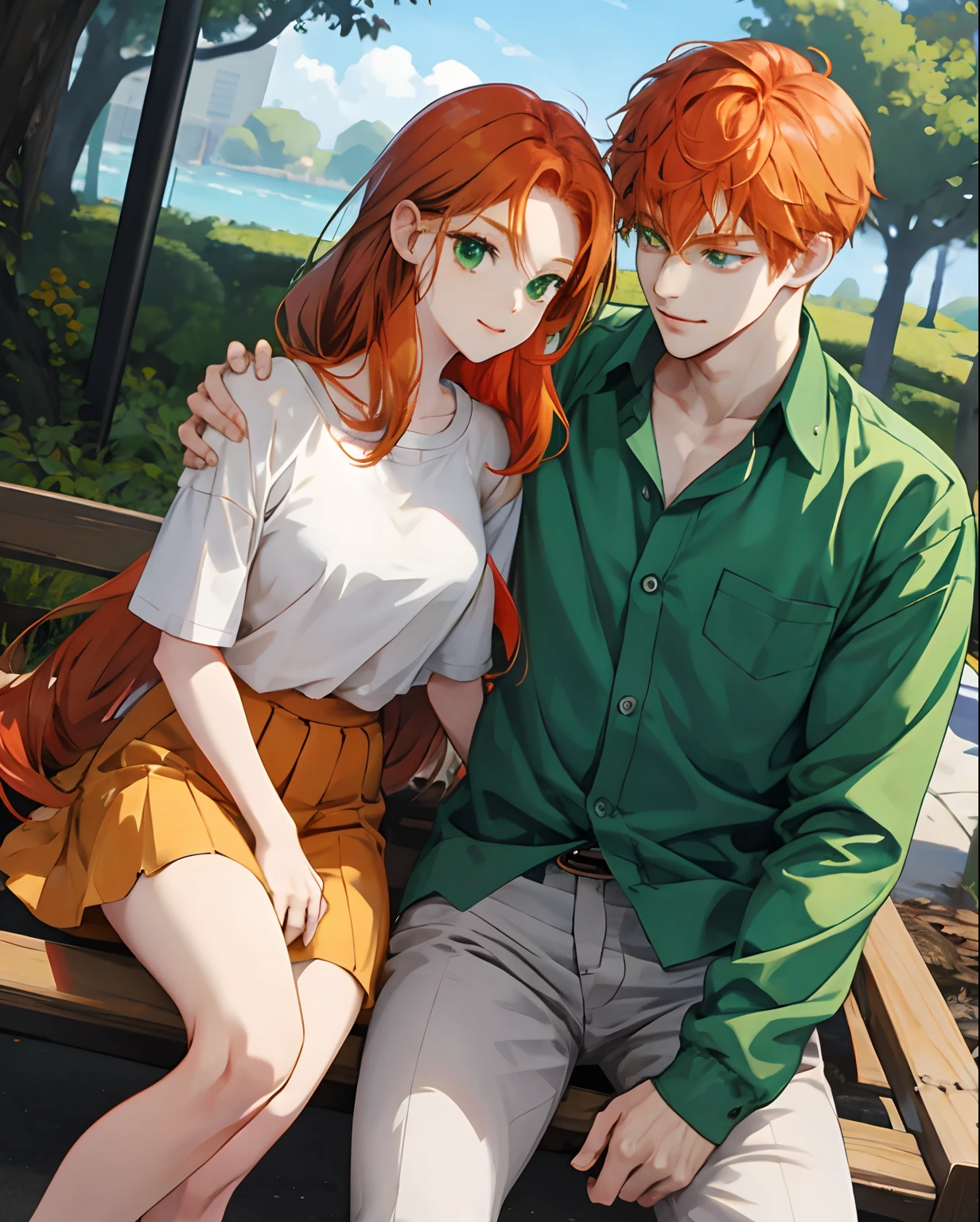 Cute ginger hair and green eyes anime woman peeing her panties on the lap of a cute anime man.