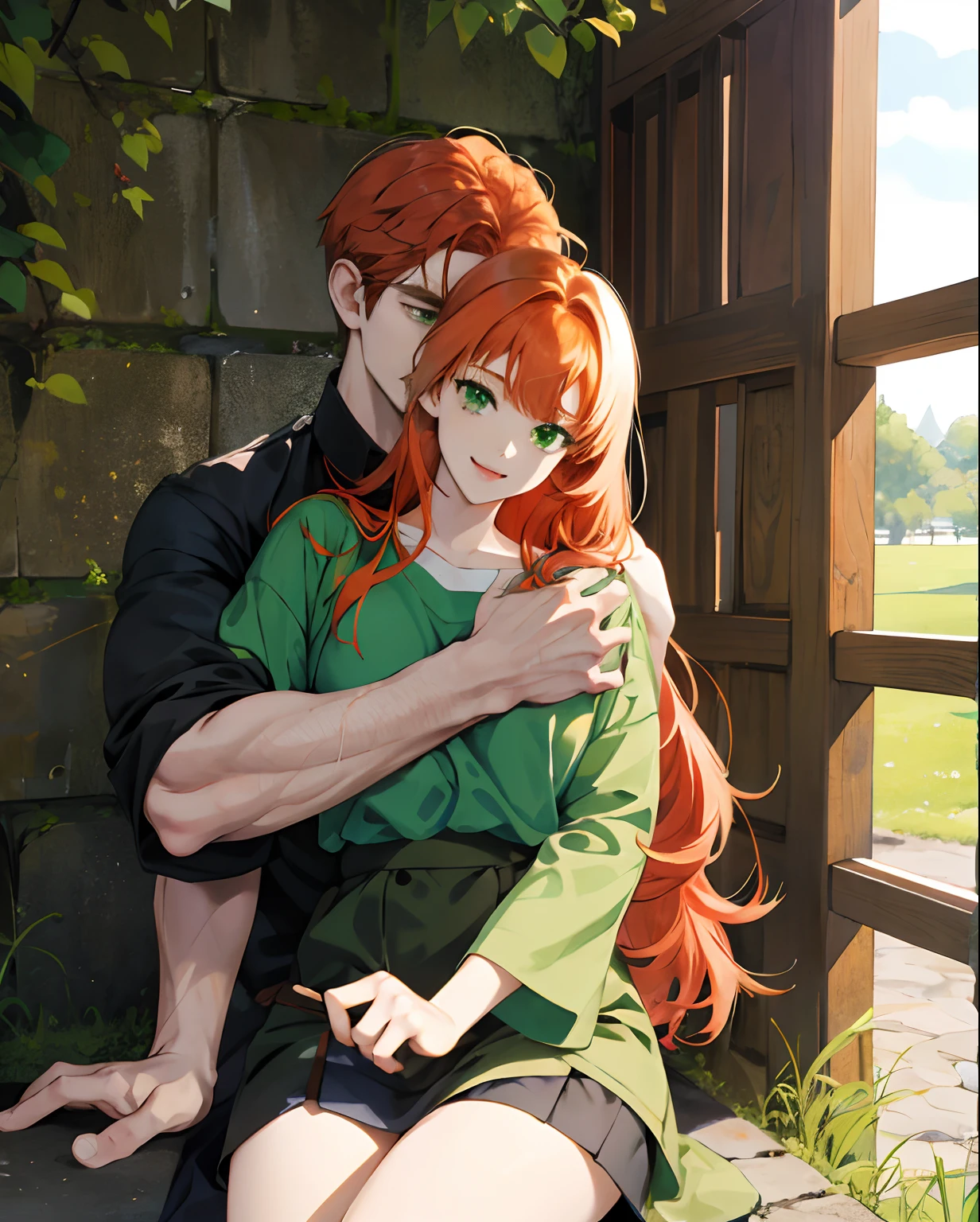 Cute ginger hair and green eyes anime woman peeing her panties on the lap of a cute anime man.