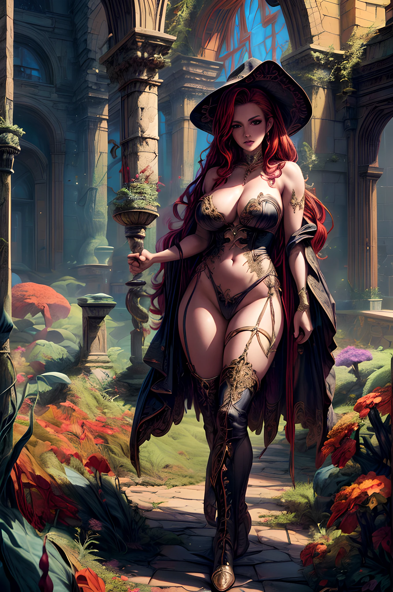 high details, best quality, 8k, [ultra detailed], masterpiece, best quality, (extremely detailed), full body, ultra wide shot, julie bell style (ultra details, Masterpiece, best quality), fantasy art, dnd art,fantasy art, realistic art, a sorceress casting a spell in magical library (ultra details, Masterpiece, best quality), exquite beautiful human woman (ultra details, Masterpiece, best quality), red hair, long hair, black dress (ultra details, Masterpiece, best quality), white cloak (ultra details, Masterpiece, best quality), high heeled boots (ultra details, Masterpiece, best quality) red fire