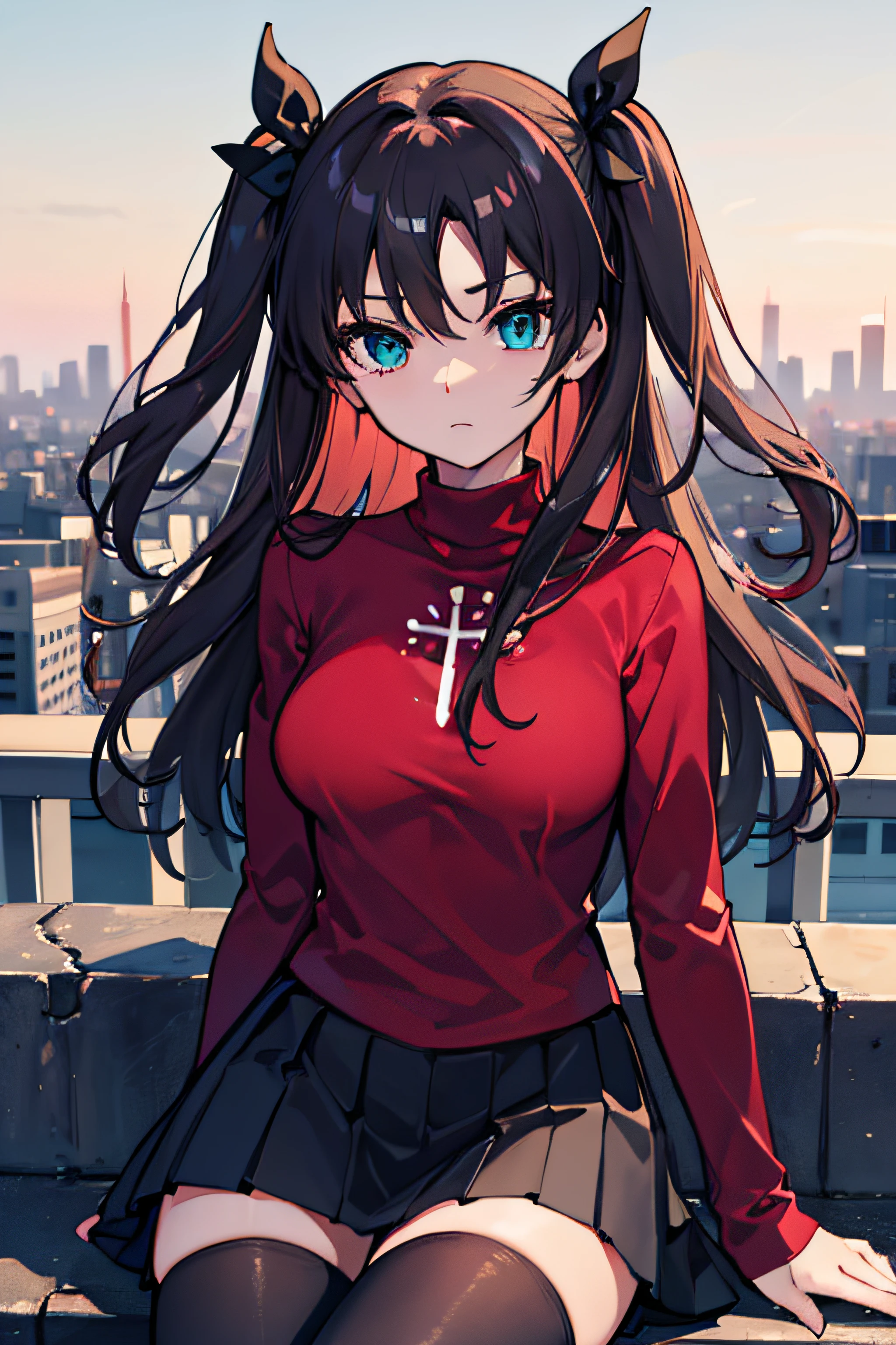 (masterpiece), best quality, expressive eyes, perfect face, 1girl, solo, rintohsaka, rin tohsaka, aqua eyes, black hair, hair ribbon, long hair, ribbon, sidelocks, two side up, black skirt, black thighhighs, long sleeves, miniskirt, pleated skirt, ((red sweater)), skirt, sweater, thighhighs, turtleneck, city background, sitting, character sheet, upper body, portrait, looking at viewer