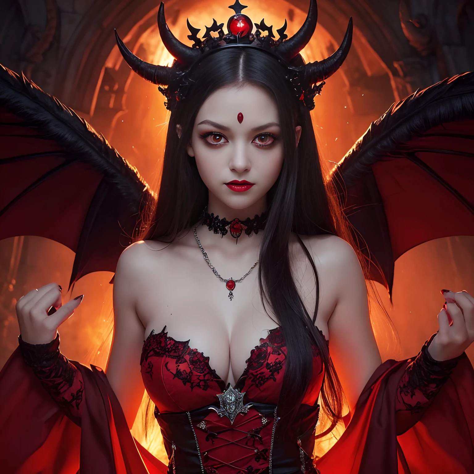 Evil and beautiful queen, Medieval dresses,A slight smil,Japan and Spanish Half Princess,Recreate the perfect details of the most terrifying demons,(Her glowing red eyes:1.5),(Her eyes glow red:1.5),Creepy and ugly demon horns grow,Intricate and realistic demon horns,Lumpy horns,A great calamity々Devil's Wings,(Perfectly recreate the details of the hopelessly terrifying demon:1.4),Very scary and ugly devil's wings,Very complex and creepy demon wings,Giant and terrifying demon wings,Blood Red Lip,facing front,Evil makeup,Perfect Demon Costume,Blood is flowing in the mouth,Maniacal,The background is an ominous, Gothic medieval European castle,The background is the interior of a complex castle,Detailed backgrounds,Flames burning in the background,Perfect gas chamber,Bewitching and sexy smile,castle at night,A slight smil,Devil decoration,Devil dress with intricate decorations, Devil's Black Dress,Intricate tiara,Dresses in black tones, large full breasts,Evil decoration, ruby decoration, Artistic Design Choker, Evil pattern decoration, ,Shining crown, Finest necklaces, artistic décor, Princess Dresses, Dresses with lots of jewelry, Chest that seems to burst,Dresses with a narrow waist,A dress that tightens the waist,A detailed face, Highest Quality, 8K, SLR Camera Photography,Award-Winning Works