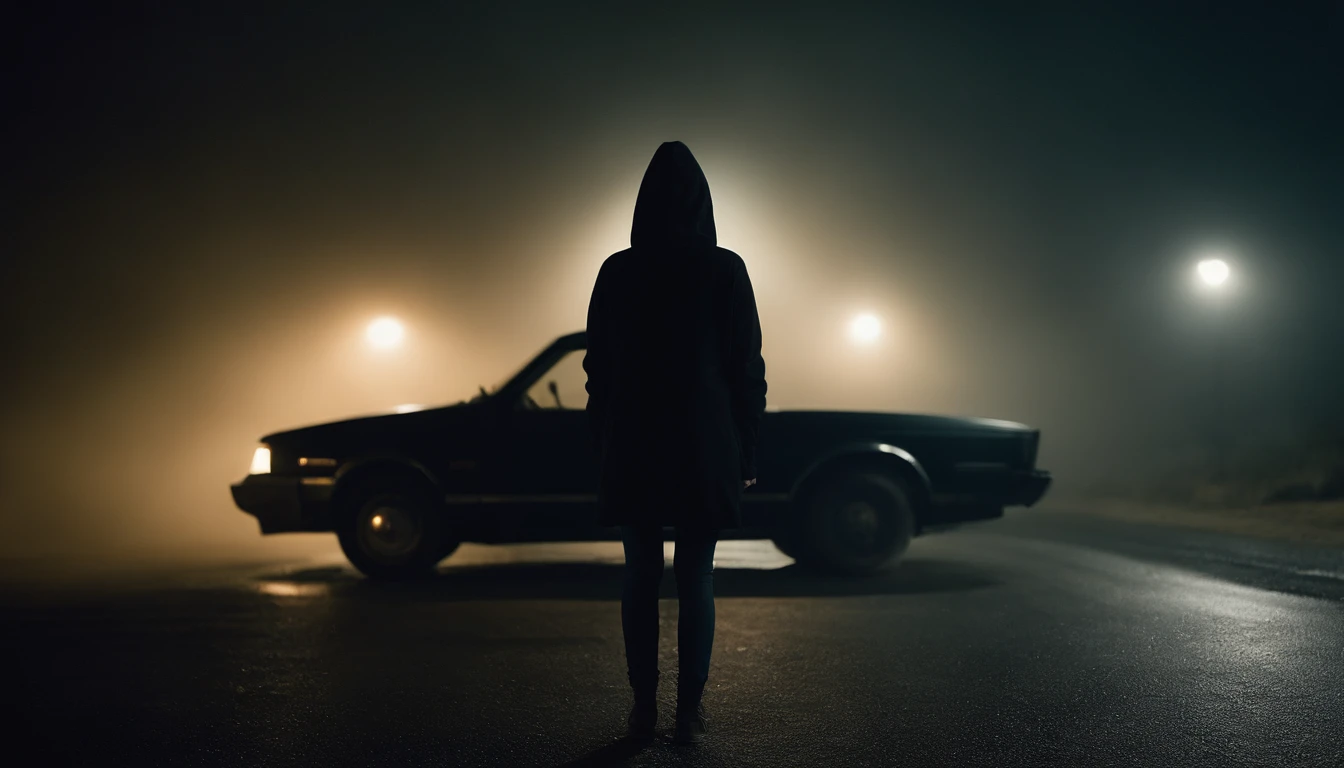 woman in black hoodie standing in front of a car in a desolated road in a foggy night, cinematic, ultra detailed, photorealistic, masterpiece.