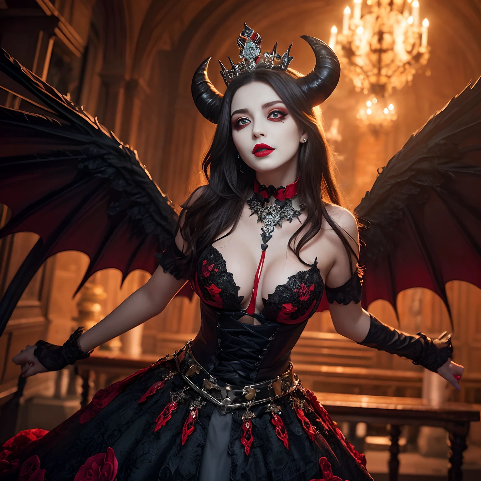 Evil and beautiful queen, Medieval dresses,A slight smil,Japan and Spanish Half Princess,Recreate the perfect details of the most terrifying demons,(Her glowing red eyes:1.5),(Her eyes glow red:1.5),Creepy and ugly demon horns grow,intricate and lumpy horns,,A great calamity々Devil's Wings,(Perfectly recreate the details of the hopelessly terrifying demon:1.4),Very scary and ugly devil's wings,Fearsome clawed wings,Large claws on the wings,Very complex and creepy demon wings,Giant and terrifying demon wings,Blood Red Lip,facing front,Evil makeup,Perfect Demon Costume,Blood is flowing in the mouth,Maniacal,The background is an ominous, Gothic medieval European castle,(The background is the interior of a complex castle:1.2),Detailed backgrounds,Flames burning in the background,Perfect gas chamber,Bewitching and sexy smile,castle at night,A slight smil,Devil decoration,Devil dress with intricate decorations, Devil's Black Dress,Intricate tiara,Dresses in black tones, large full breasts,Evil decoration, ruby decoration, Artistic Design Choker, Evil pattern decoration, ,Shining crown, Finest necklaces, artistic décor, Princess Dresses, Dresses with lots of jewelry, Chest that seems to burst,Dresses with a narrow waist,A dress that tightens the waist,A detailed face, Highest Quality, 8K, SLR Camera Photography,Award-Winning Works