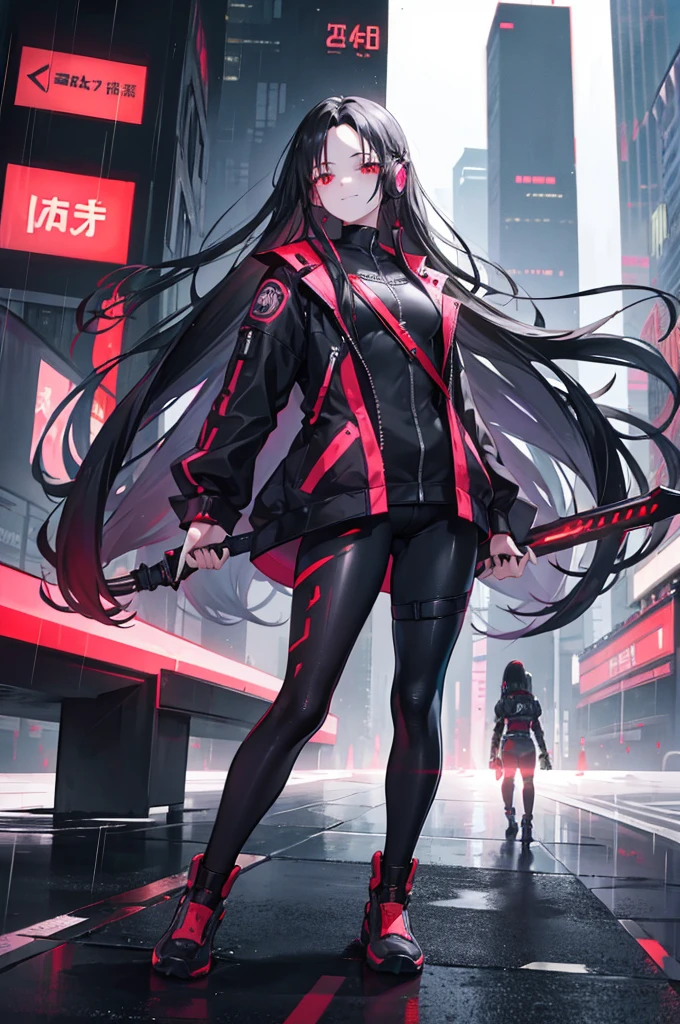 1 girl, straight hair, red eyes, black hair, long hair, ((forehead)), earrings, smug, light smile, blurry background, Shanghai, cyberpunk, cyber suit, neon lights, skyscrapers, night, headset, sword, motorcycle, tall stature, tsurime, slum, rainy, raindrops, mature face, small face, looking down, full body, dutch angle