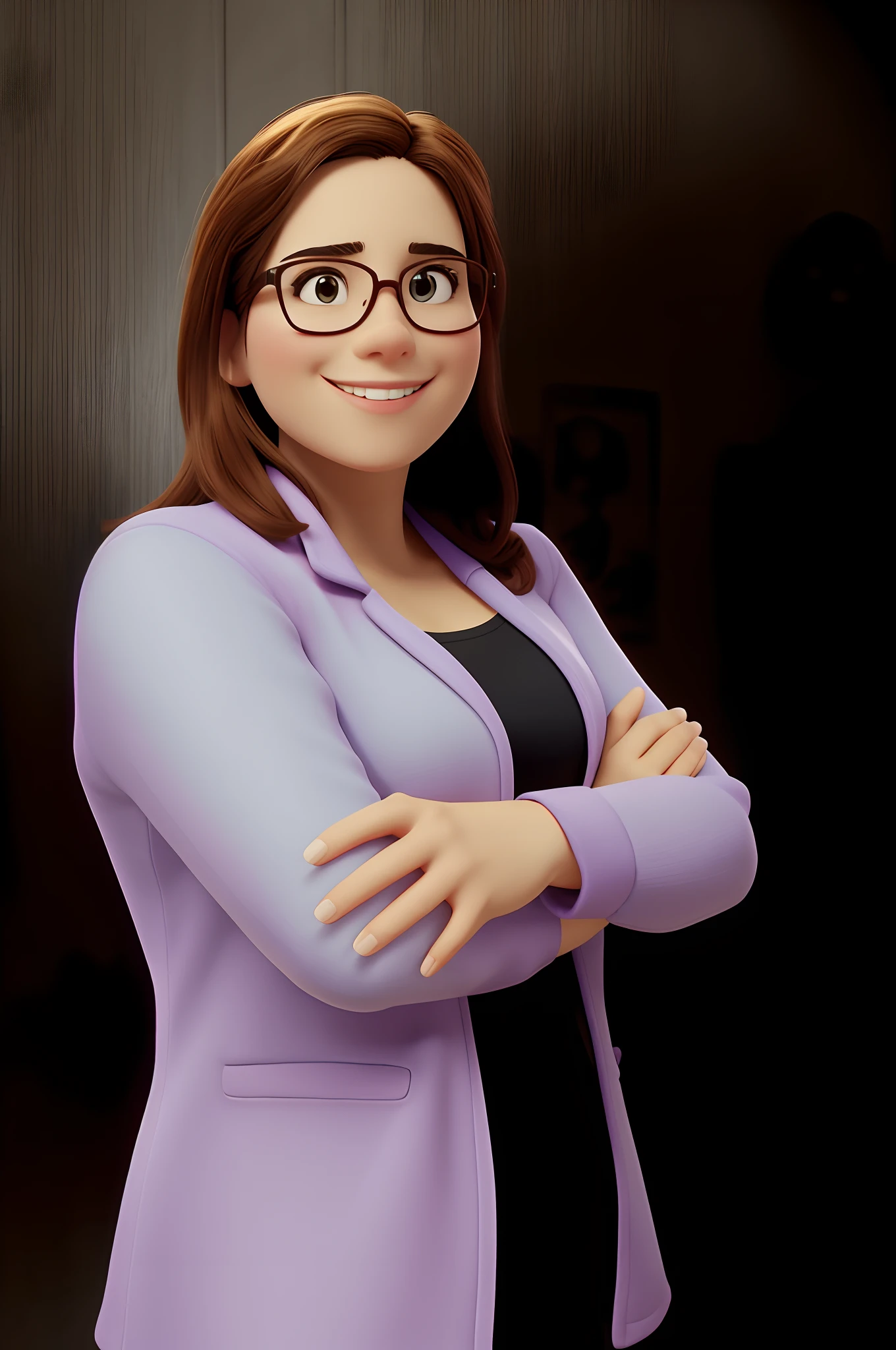 Smiling charismatic woman in purple jacket and glasses with crossed arms, Lorena Avarez, fernanda suarez, Magda Torres Gurza, Estefania Villegas Burgos, foto de perfil profissional, imagem profissional, by Amelia Peláez, Alanis Guillen, Mina Petrovic, imagem retrato, Carola Rubio, Christina Kritikou, coluna, Blanca Alvarez, Be as faithful as possible to the original image, Keep the features of the face as much as possible. 3D Animation Movie Poster, Poster de filme animado, pixar 3 d animation style, pixar renderman rendering, maia 8 mil, animated film, Disney Pixar Estilo 3D, Disney Pixar Animation Poster, Non-cross-eyed eyes