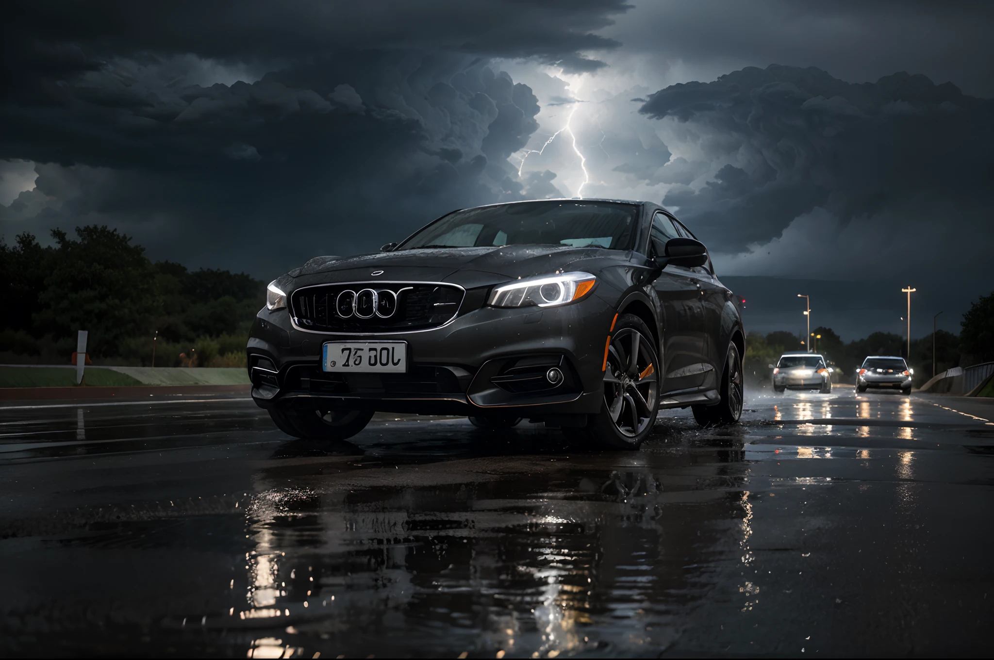 "Describe a sports car in the midst of a rainstorm with thunder and lightning. The car's contours, sleek and aerodynamic, shimmer with raindrops as heavy rain pours down. Each raindrop glistens as it streams down the car's glossy surface, emphasizing its elegant design. The car's tires navigate through puddles on the rain-soaked road, creating ripples in the water. Suddenly, a brilliant bolt of lightning streaks across the sky, illuminating the entire scene. The accompanying clap of thunder adds an exhilarating and dramatic element to the experience. The driver grips the steering wheel, feeling the adrenaline rush as the car's tires grip the wet road, demonstrating its handling prowess even in challenging conditions. The contrast between the car's power and the forces of nature is a thrilling spectacle, with the stormy ambiance providing a dramatic backdrop for this sports car's performance."