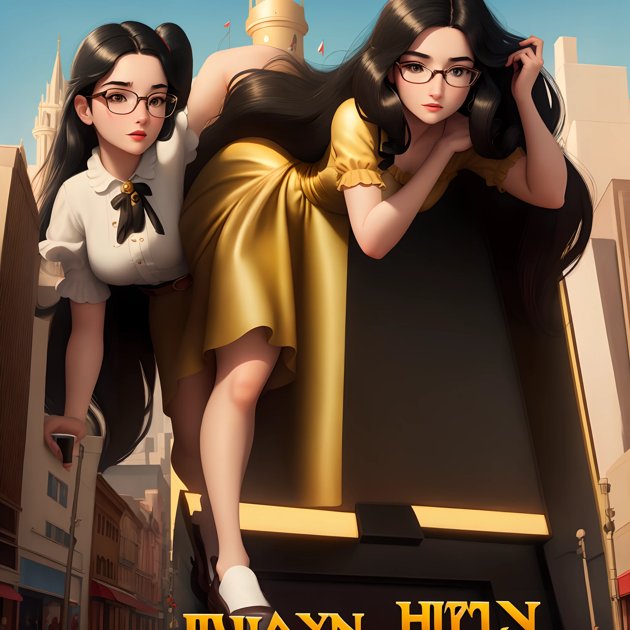 Disney pixar style movie poster with a girl with big glasses with gold frame, long black hair with the title juliany France, she is crossing the street