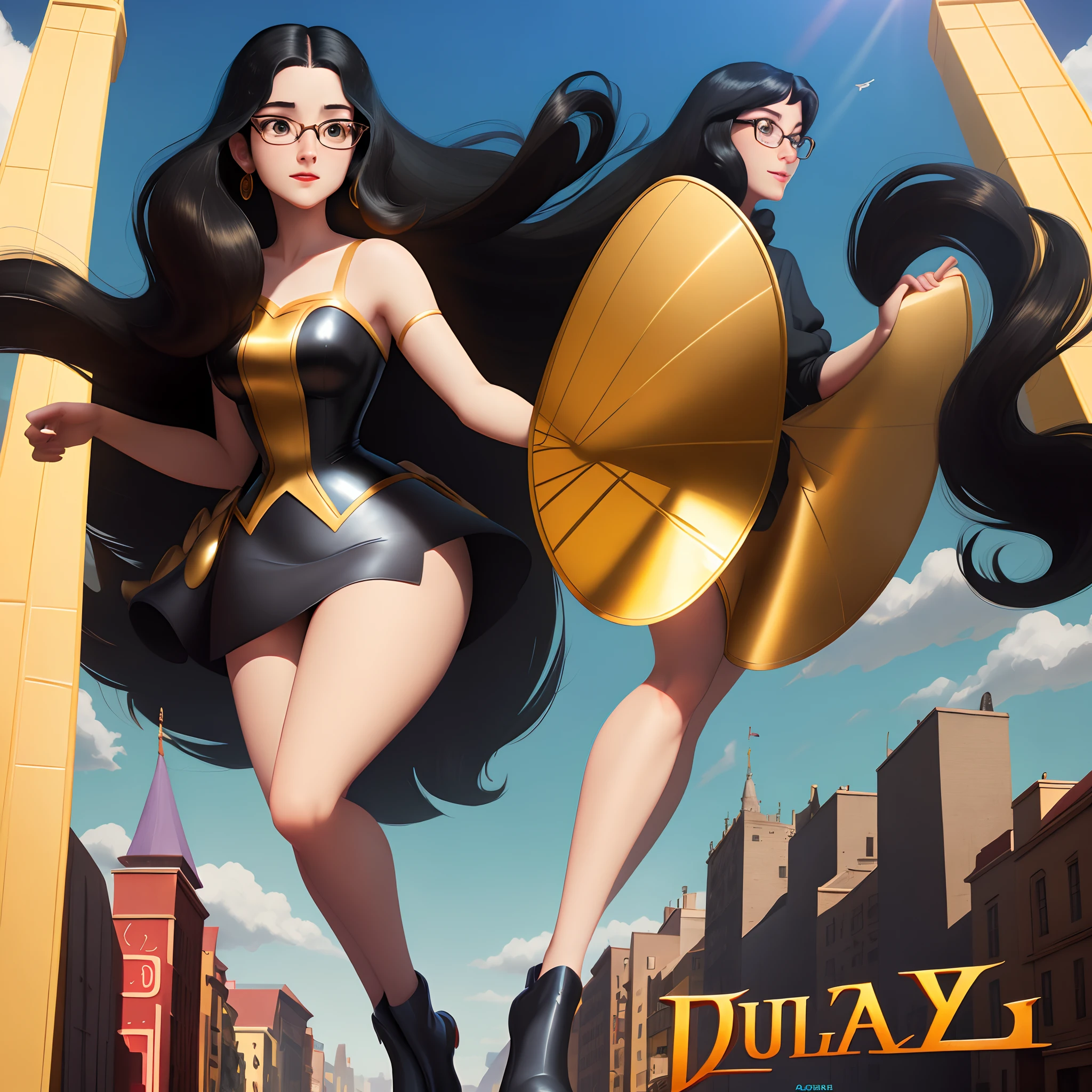Disney pixar style movie poster with a girl with big glasses with gold frame, long black hair with the title juliany France, she is crossing the street