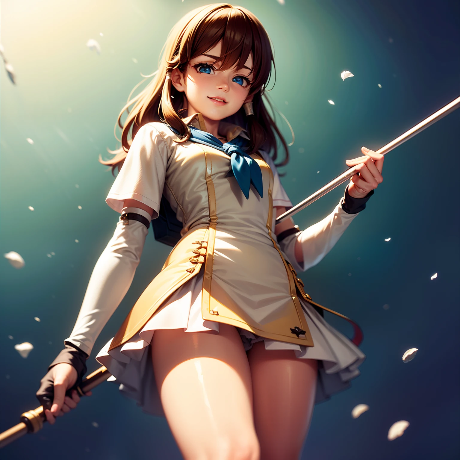 solo, pure happiness, Ultra-detailed, (Realistic, Photorealistic:1.0), vibrant colors, snowfield, (winter background), heaven, falling snowflakes, cute lonely selfish (evil) 1girl villain, (holding a magical enchanted rod), wicked smirk, mean, standing, walking, flat chest, skinny, very thin legs, anorexic, ((young)), school girl uniform, (fishnet stockings), and ribbon, handbag, school bag, purse, silk arm warmers, short skirt, high heeled boots, red scarf, brown hair, luxurious jewelries, necklaces, pendants, bracelets, earrings, (tiara), (glowing shiny magical blue eyes), looking down at viewer, (from below), hair ribbon, hair flower, depth of field, cinematic lighting, bokeh, masterpiece, (anatomically correct), close-up