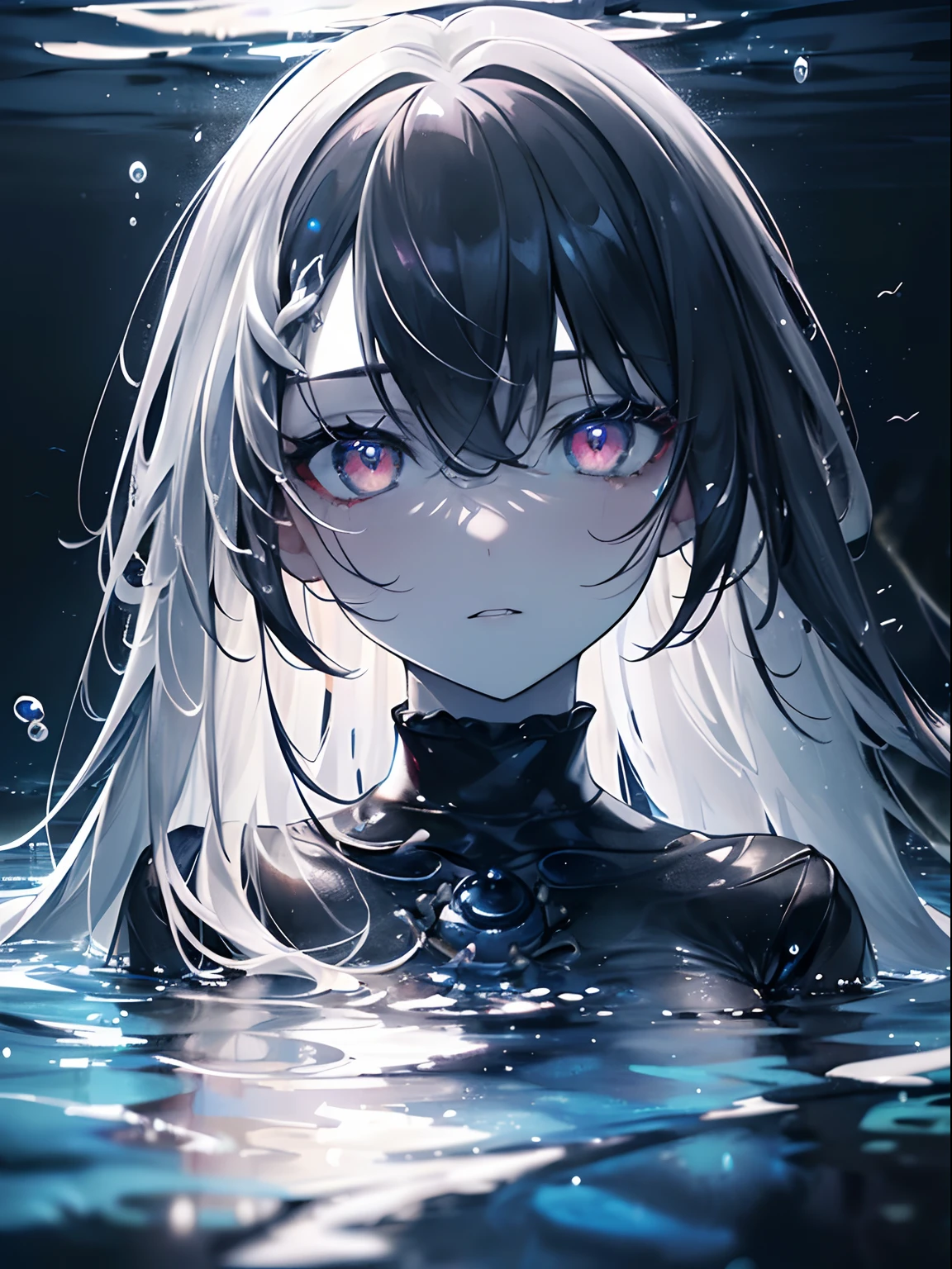 (masterpiece,best quality,ultra-detailed),1girl, black hair,beautiful and detailed face, detailed eyes,looking at viewer, multicolored eyes,((grey theme),pale skin, glowing eyes ,in the sea,((night)),dark ambient,(underwater),(aquarelle)
