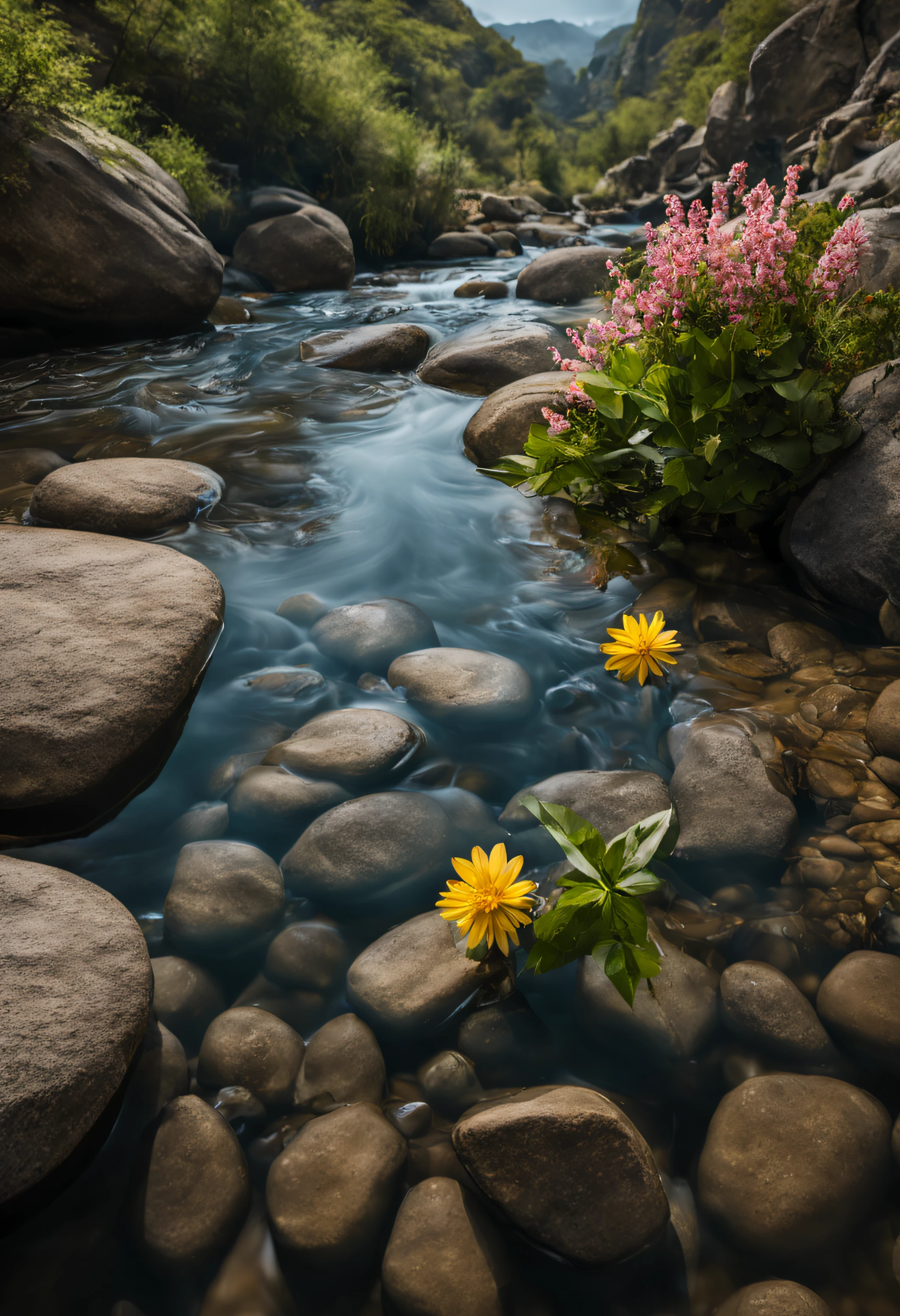 Still waters of a river running over rocks, Some Flowers Are Under Water Creating A Commercial Photography Composition, visto de cima, Visual refrescante, fotografia comercial, Fotografado com uma Canon EOS 1D, sigma lens 34mm, Ultra realismo, luz de cinema, 8k