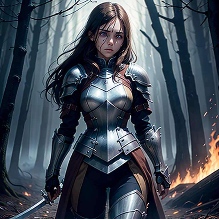 1 woman, strong, brown hair, blue eye, crying, scared, holding left eye with left hand, left hand on face, left hand covering left eye, blood splattered face, covered in blood, horror, Knights armour, no helmet, sword in right hand, woods, fire everywhere, rain, stars, night sky, intricate detail, perfect anatomy, wallpaper, 8k, fullbody