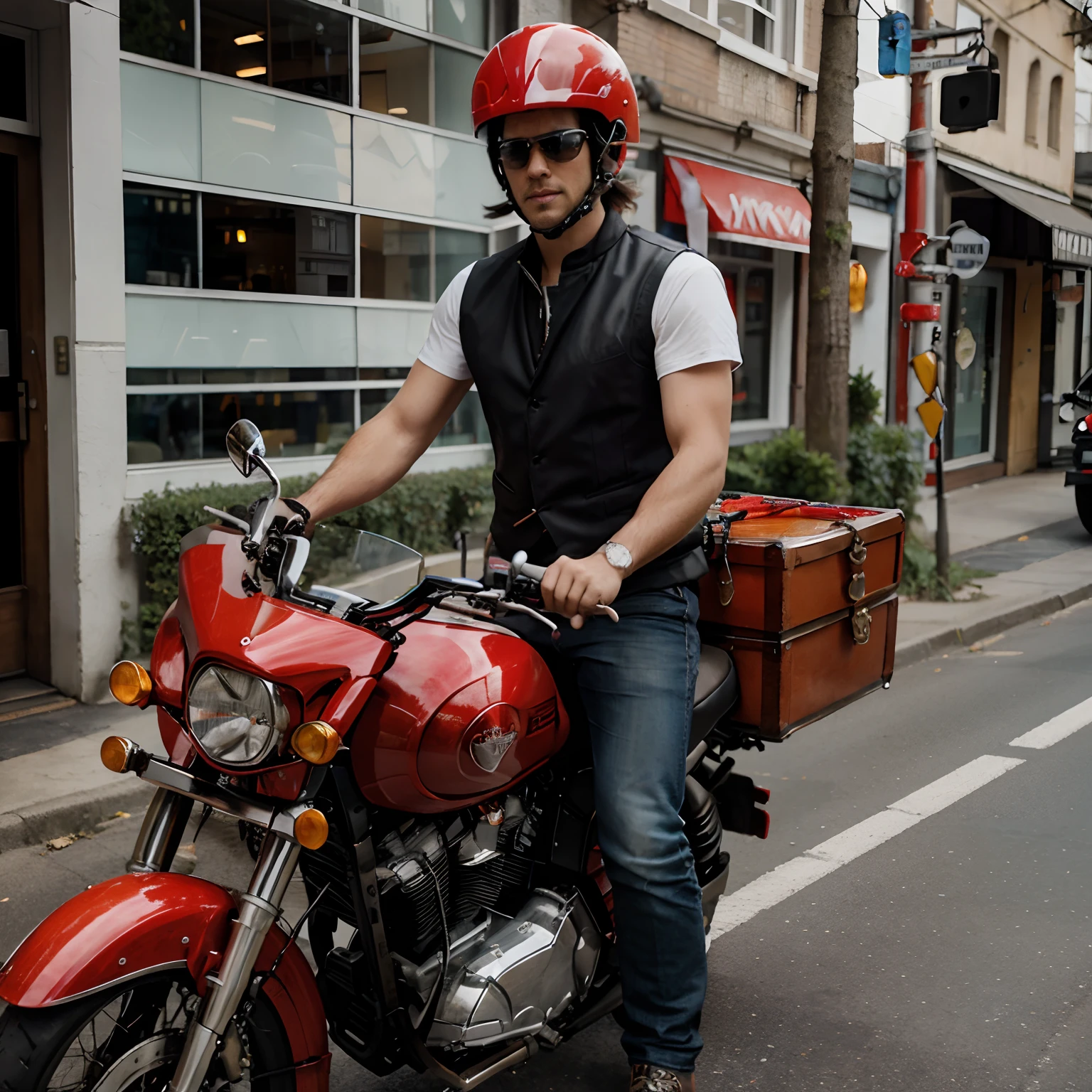 Biker wearing vest and helmet mounted on top of a red motorcycle containing trunk for pizza delivery services.