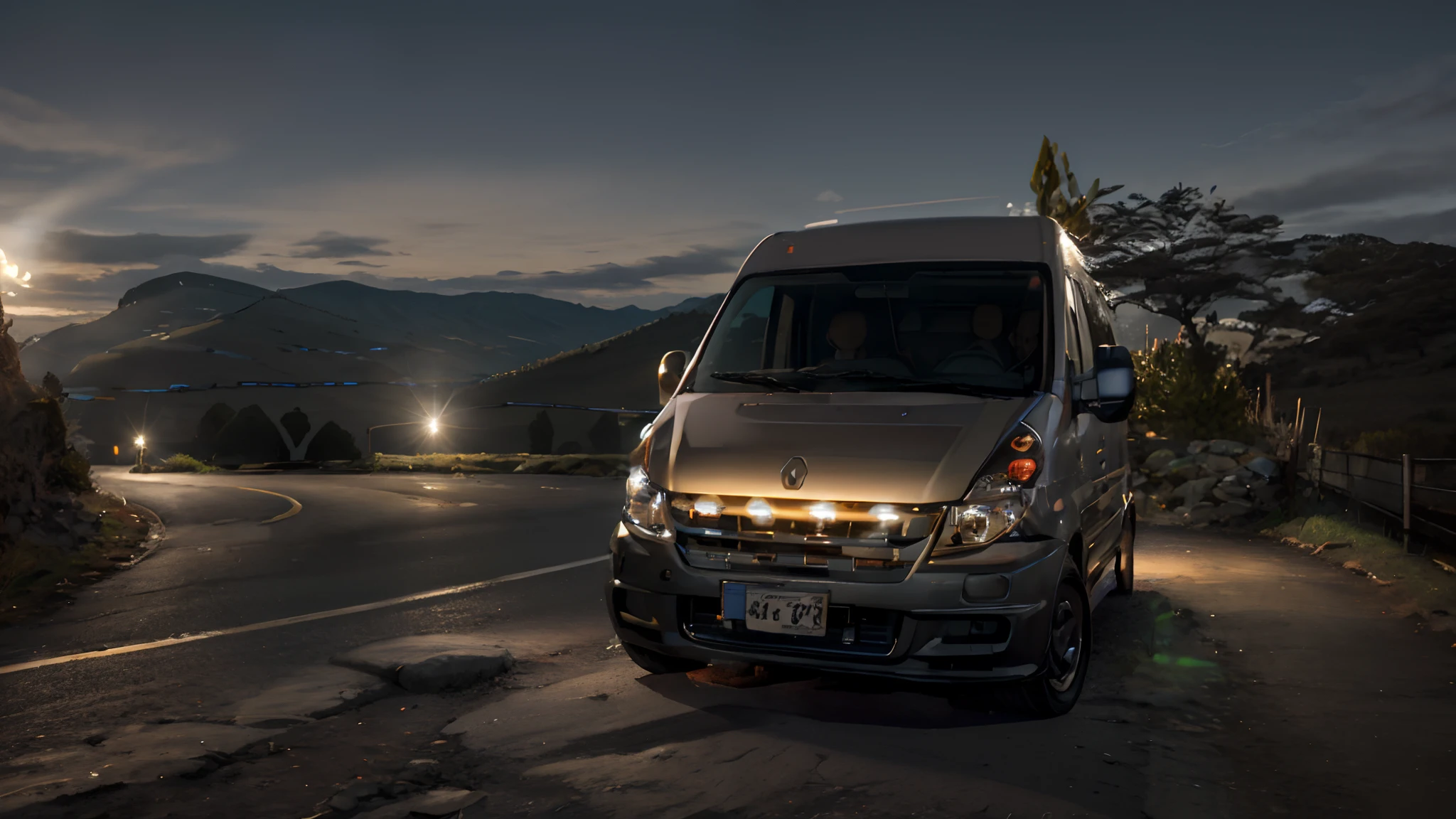 Ploughed van parked on a mountain road with a mountain in the background, ancho completo, with cool headlights, por Alexander Fedosav, frontal lighting, LED, Escena potente, Renault last, Accent lighting : : onyx, effortless, furgoneta serpiente, Captura de pantalla amplia, frontal iluminado, night time setting, by Matteo Pérez, microbus, Perfect lighting