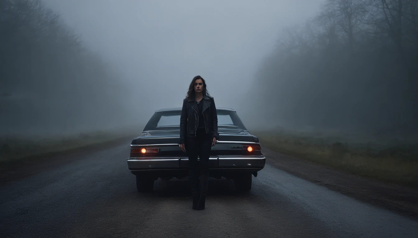 woman in black leather jacket standing in front of a car in a desolated road in a foggy night, cinematic, ultra detailed, photorealistic, masterpiece.