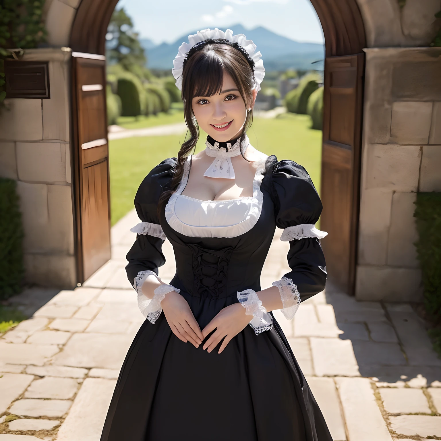 ((1 Beautiful Maid,Adult maid,20yr old,Half Japan and half Spanish)),((Gorgeous Victorian Maid Dresses, Huge Maid Dresses,Black and white maid dresses,Maid dresses with ruffles,Gorgeous Maid Dresses,Maid outfit with big apron,Big Dressmaid Costume,Luxury Maid Clothing,Extravagant long skirt, Gorgeous Victorian Maid Costume,Gorgeous Maid Dresses)),((Luxurious Gothic medieval European castle in background,Stand in front of the gates of a huge castle,Intricately decorated gates,Intricately decorated castle,Graceful standing,Fold your hands in front of your belly button,The background is gorgeous, gothic castle,)),(Emphasize body lines,large full breasts,Big breasts that are about to burst,stares at the camera,Moist eyes,Staring at me),(Looking at the camera,smiling elegantly,Top image quality, Top image quality, masterpiece, White teeth,stares at the camera,high-definition RAW color photography, professional photograpy, extremely delicate and beautiful, Extremely detailed,finely detail, Huge file size,Top image quality,8K,Photos taken with a single-lens reflex camera)