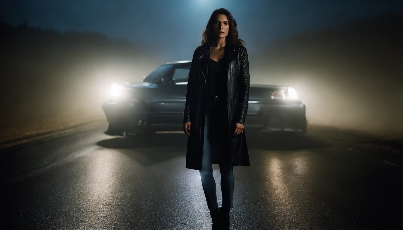 woman in black leather jacket standing in front of a car (Nissan skyline) in a desolated road in a foggy night, cinematic, night, ultra detailed, photorealistic, masterpiece.