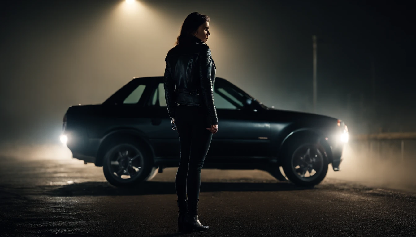 woman in black leather jacket standing in front of a car (Nissan skyline) in a desolated road in a foggy night, cinematic, night, ultra detailed, photorealistic, masterpiece.