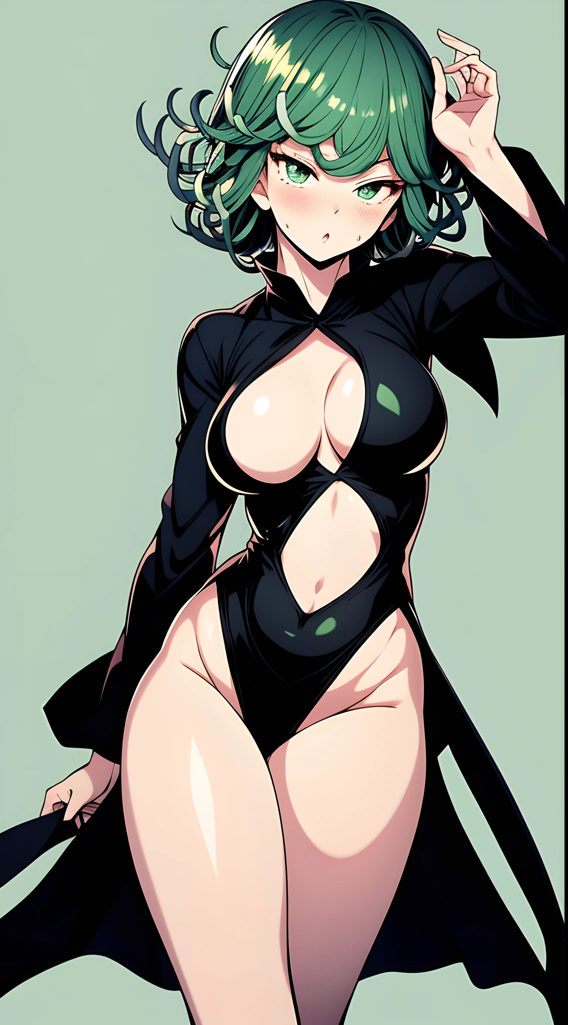 Tatsumaki, 1girl, solo, green eyes, green hair, breasts, big breasts, nipple protrusion: 2.0, curly, look at viewer, covered navel, simple background, long sleeve, naked, thighs, mouth closed, high leg, inverted hair, blush, bangs, short hair, medium hair, cowboy shot, highest quality, high resolution.