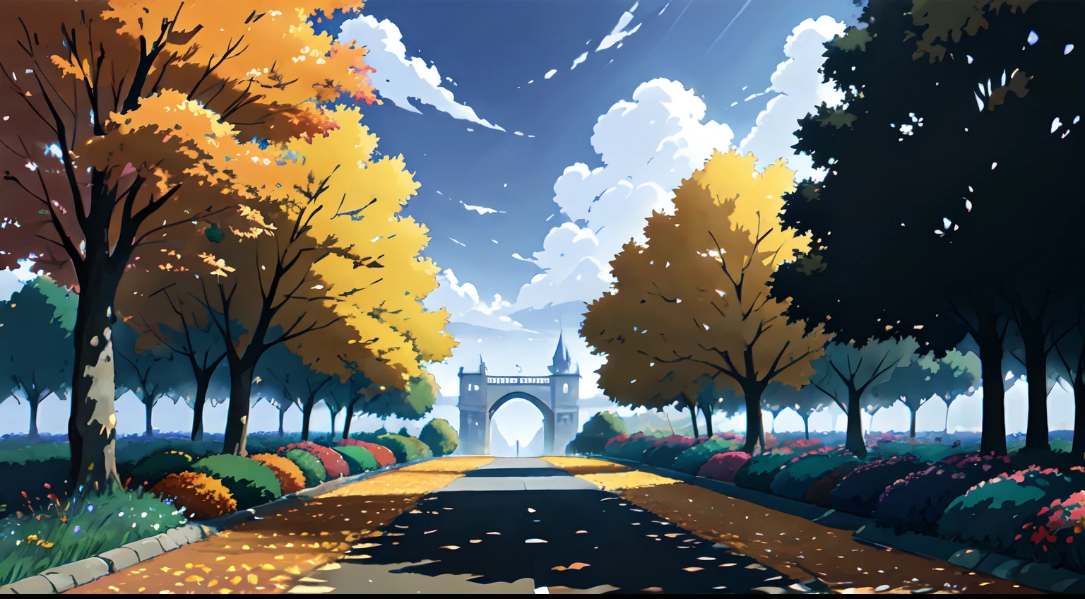 paysage, automne, ciel gris, pluie qui tombe, aucun humain, Le meilleur des meilleurs, feuilles d’oranger, couleurs de l'automne, Feuilles qui tombent, Arrière-plan paysager, ombres, contraste, Makoto Shinkai (Meilleure qualité:1.3), (Haute résolution:1) Art par Studio Ghibli Style, impressionnisme, couleurs vibrante