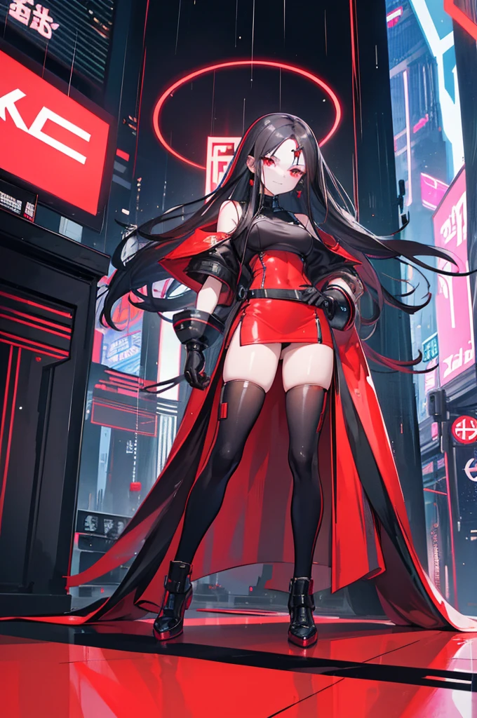 1 girl, straight hair, red eyes, black hair, long hair, ((forehead)), earrings, smug, light smile, blurry background, Shanghai, cyberpunk, cyber suit, neon lights, skyscrapers, night, headset, sword, motorcycle, tall stature, tsurime, slum, rainy, raindrops, mature face, small face, looking down, full body, dutch angle, gloves, pencil skirt