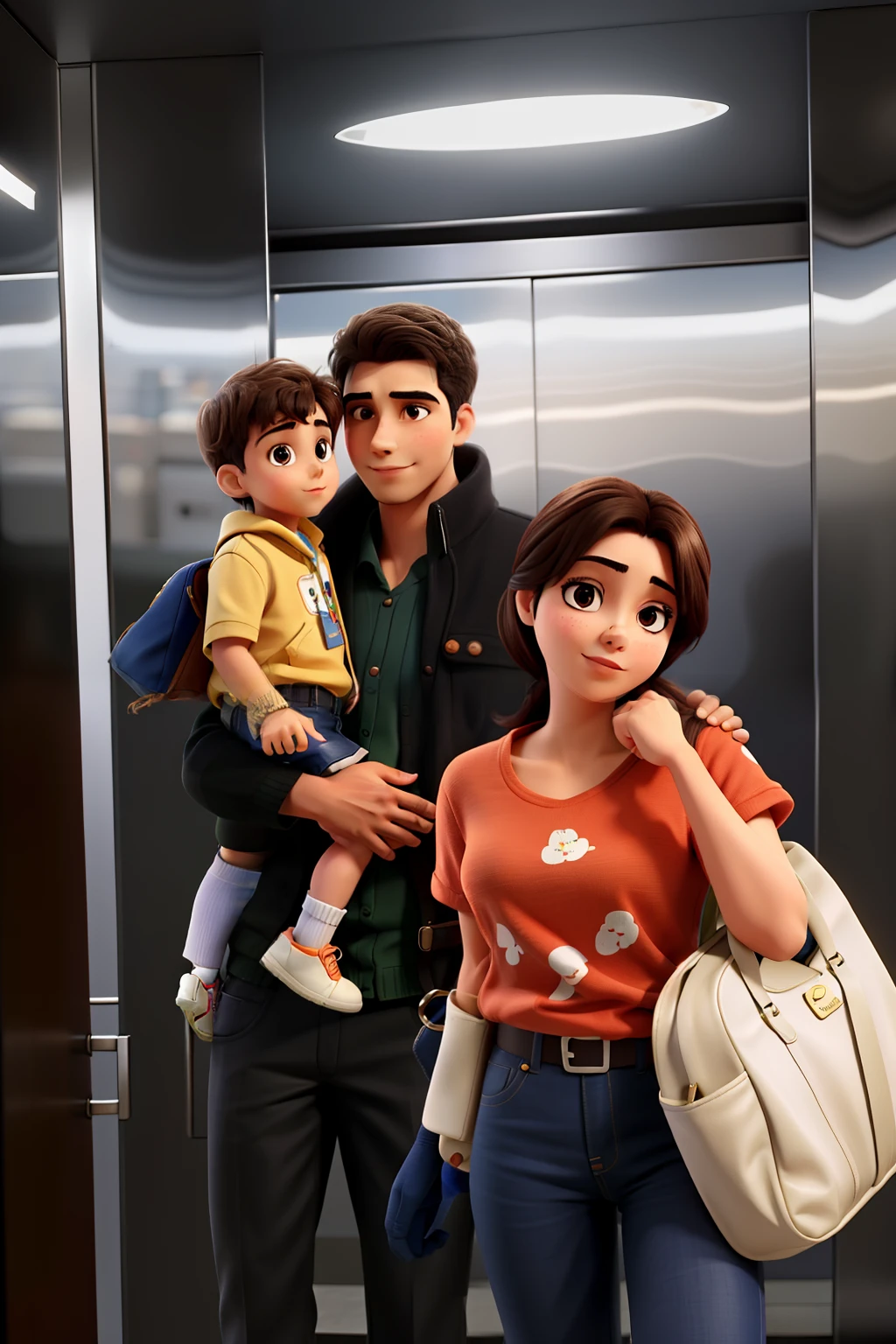 um casal com seu filho no espelho do elevador