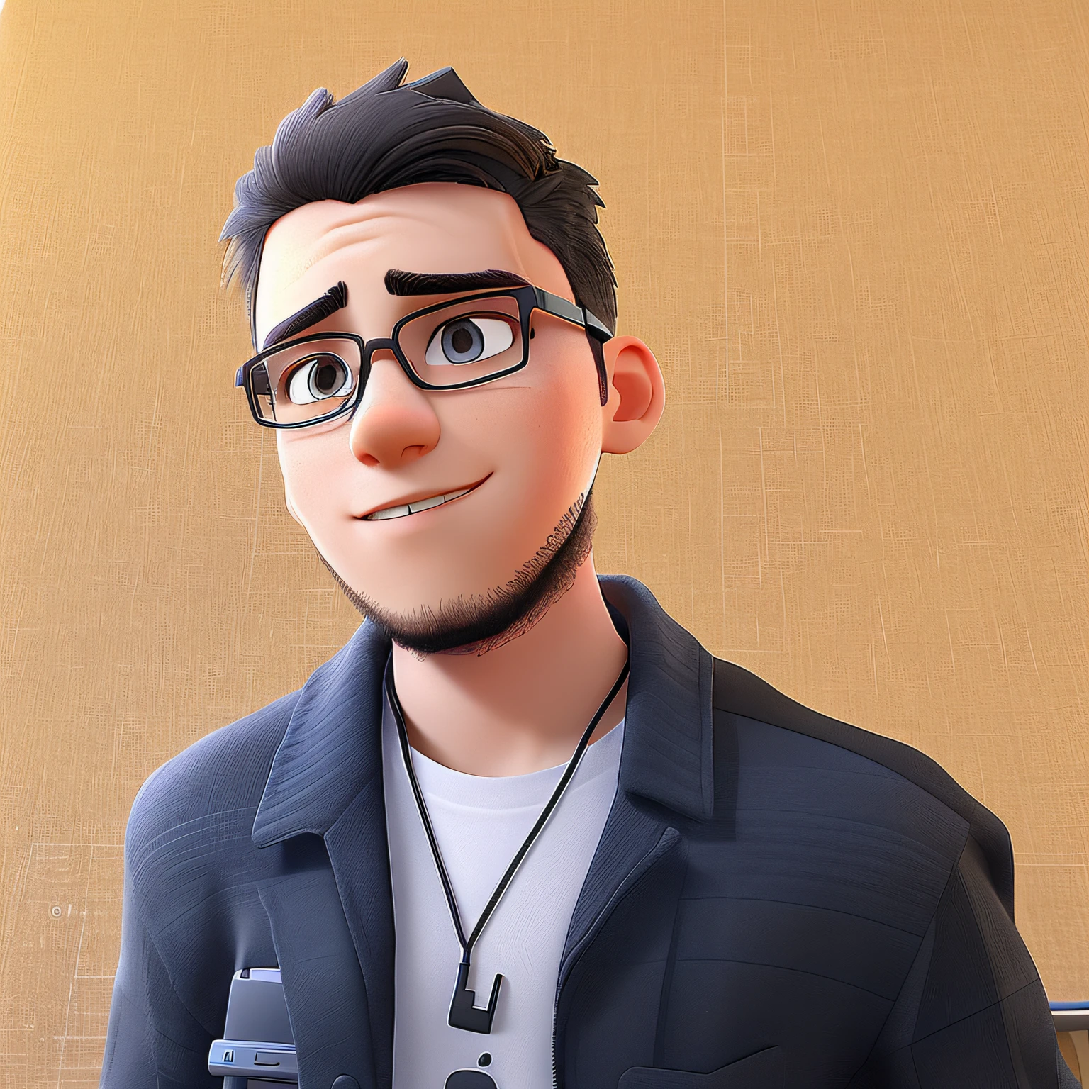 A young man with black full-length glasses and black pants with a slightly listening technological background with a video game and a computer screen that is showing lines of code on a table
