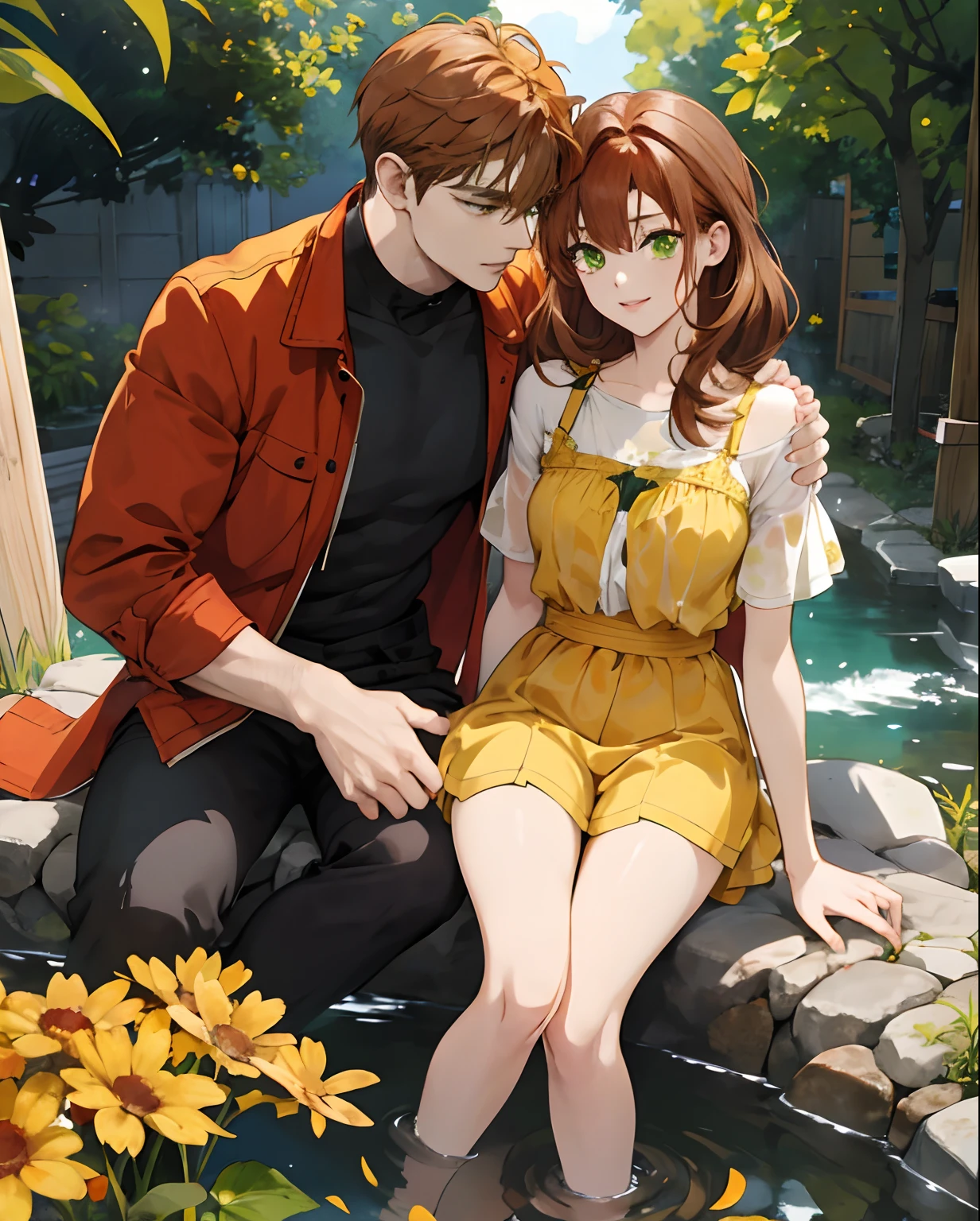 There are two characters. One is a cute ginger hair with green eyes anime woman. There other is a cute anime man. The woman is peeing in her panties on the legs of the man. The pee is dripping and yellow. There is pee on the ground. The man is wet from the pee. The man has brown hair and brown eyes.