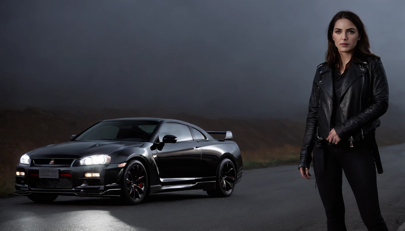 woman in black leather jacket standing in front of a car (Nissan skyline) in a desolated road in a foggy night, cinematic, night, ultra detailed, photorealistic, masterpiece.