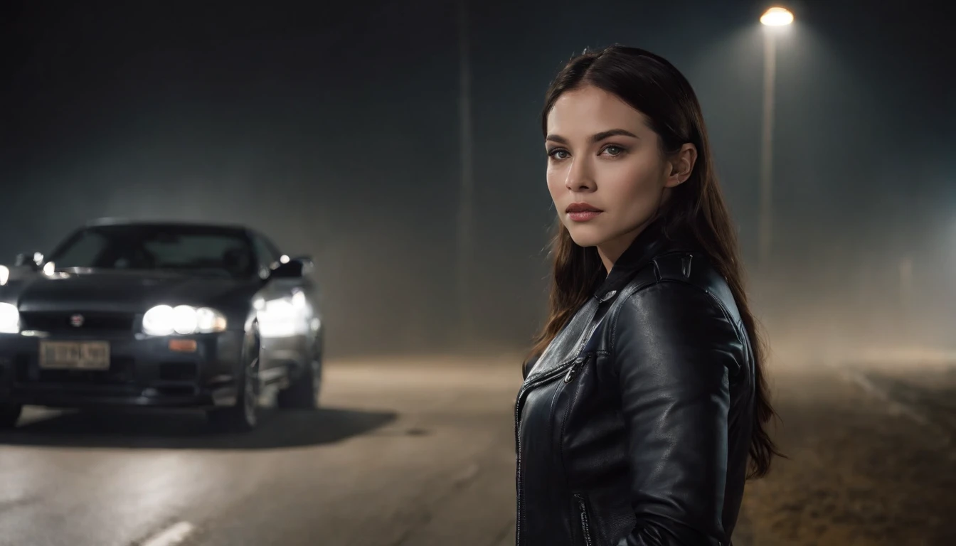woman in black leather jacket standing in front of a car (Nissan skyline) in a desolated road in a foggy night, cinematic, night, ultra detailed, photorealistic, masterpiece.