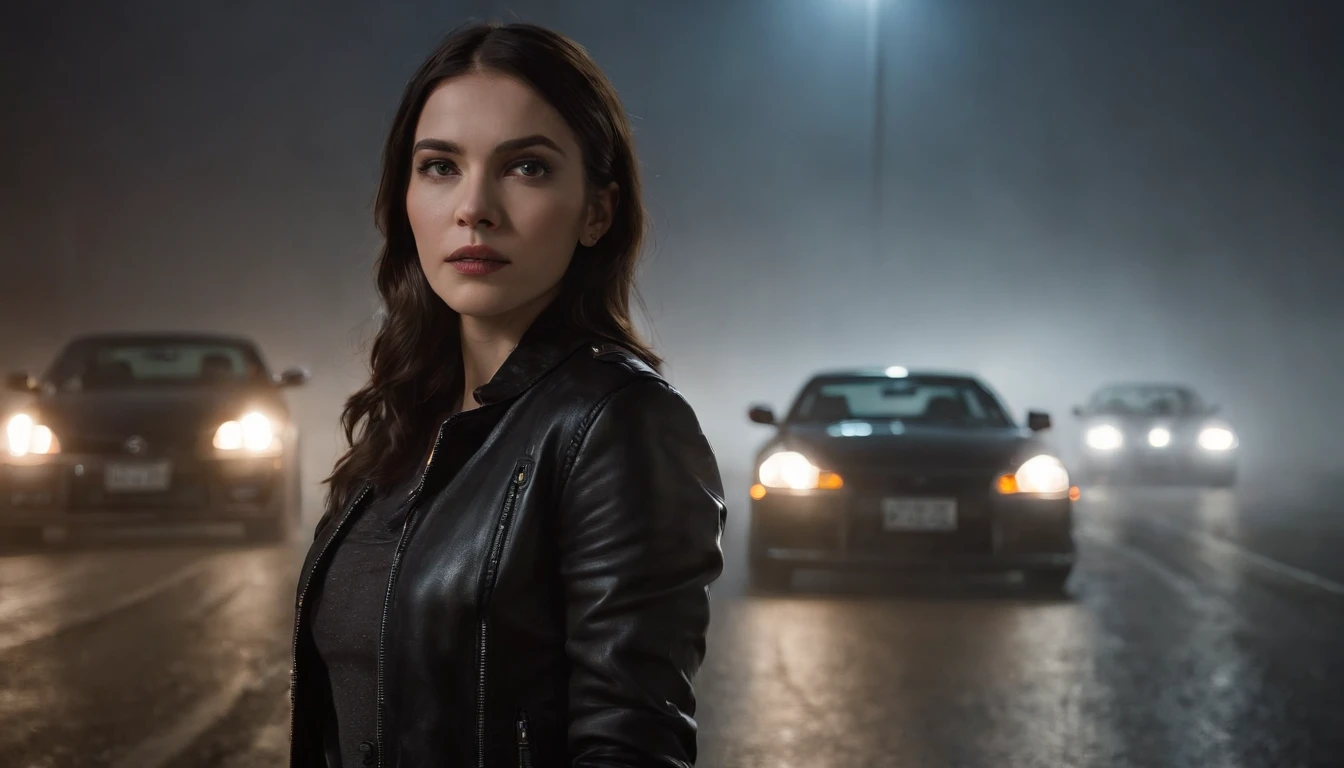 woman in black leather jacket standing in front of a car (Nissan skyline) in a desolated road in a foggy night, cinematic, night, ultra detailed, photorealistic, masterpiece.