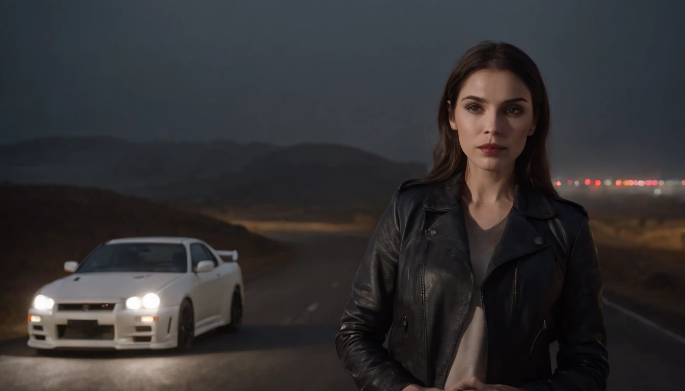 woman in black leather jacket standing in front of a car (Nissan skyline) in a desolated road in a foggy night, cinematic, night, ultra detailed, photorealistic, masterpiece.