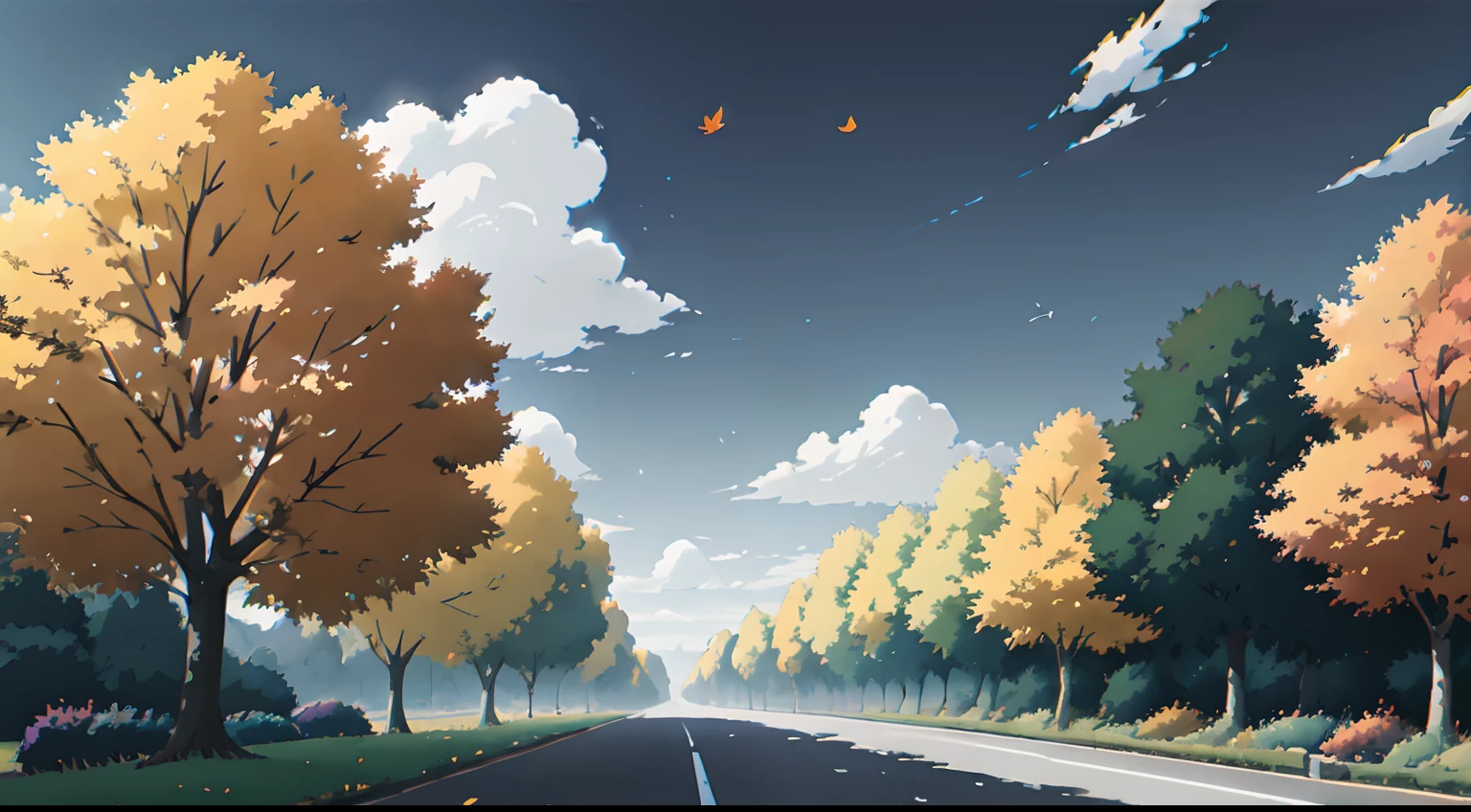 paysage, automne, ciel gris, pluie qui tombe, aucun humain, Le meilleur des meilleurs, feuilles d’oranger, couleurs de l'automne, Feuilles qui tombent, Arrière-plan paysager, ombres, contraste, Makoto Shinkai (Meilleure qualité:1.3), (Haute résolution:1) Art par Studio Ghibli Style, impressionnisme, couleurs vibrante
