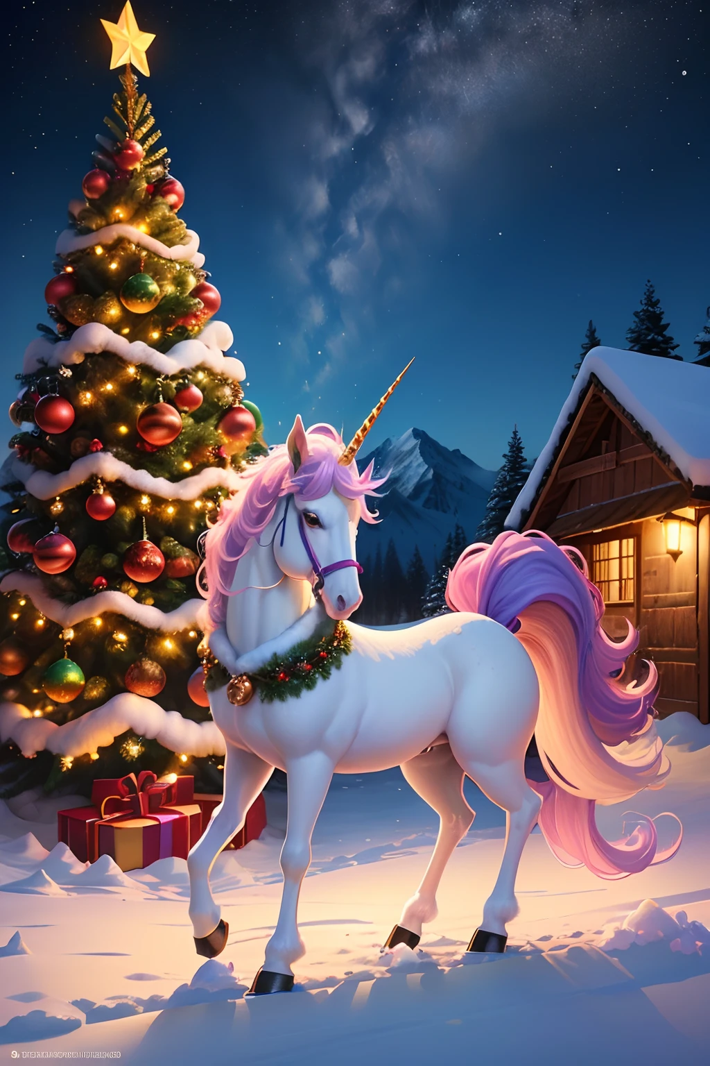 ((melhor qualidade)), ((obra-prima)), (detalhado), neopets Uni, cor Natal, Wheelie unicorn, Background of snow mountains and pine trees with Christmas decoration