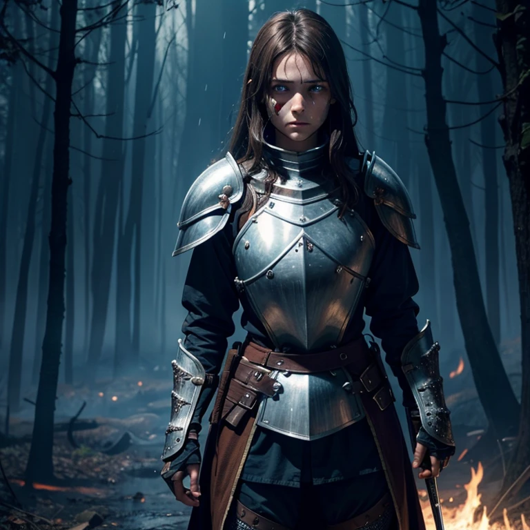 1 girl, brown hair, blue eye, crying, scared, holding left eye with left hand, left hand on face, left hand covering left eye, blood splattered face, covered in blood, horror, Knights armour, no helmet, sword in right hand, woods, fire everywhere, rain, stars, night sky, intricate detail, perfect anatomy, wallpaper, 8k, fullbody