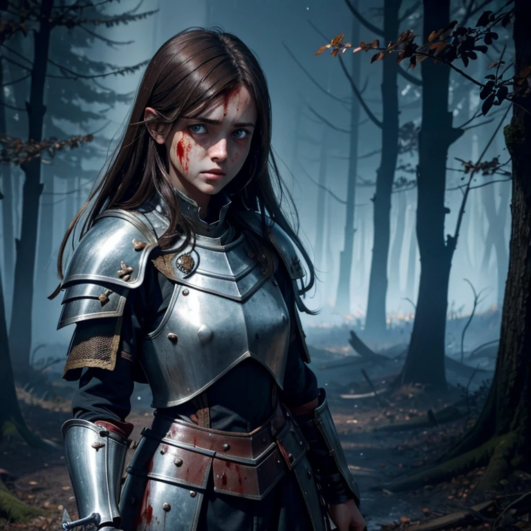 1 girl, brown hair, blue eye, crying, scared, holding left eye with left hand, left hand on face, left hand covering left eye, blood splattered face, covered in blood, horror, Knights armour, no helmet, sword in right hand, woods, fire everywhere, rain, stars, night sky, intricate detail, perfect anatomy, wallpaper, 8k, fullbody