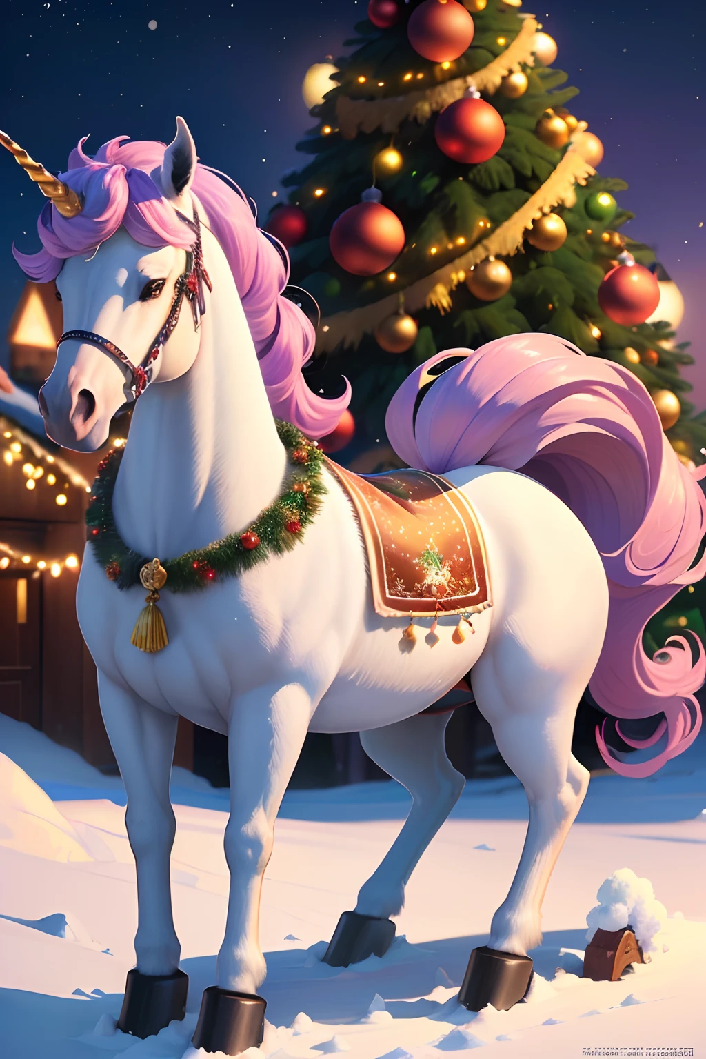 ((melhor qualidade)), ((obra-prima)), (detalhado), neopets Uni, cor Natal, Wheelie unicorn, Background of snow mountains and pine trees with Christmas decoration
