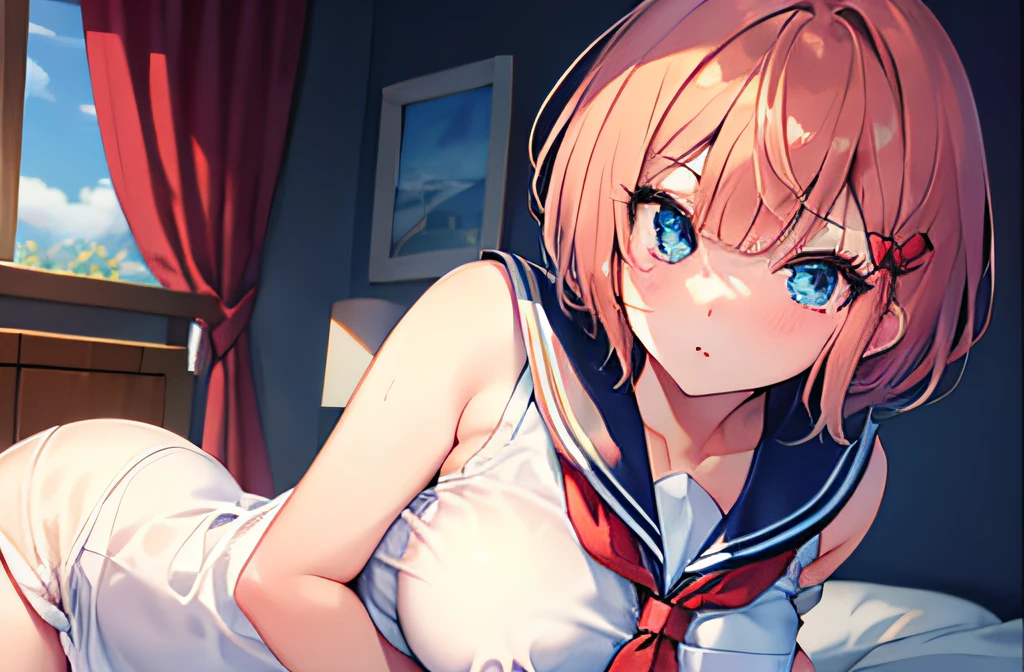 ((masterpiece)), ((best quality)), (ultra-detailed), on the bed, a cute girl, 1girl, solo, sailor suit, ((beautiful eyes)), short hair, large breast