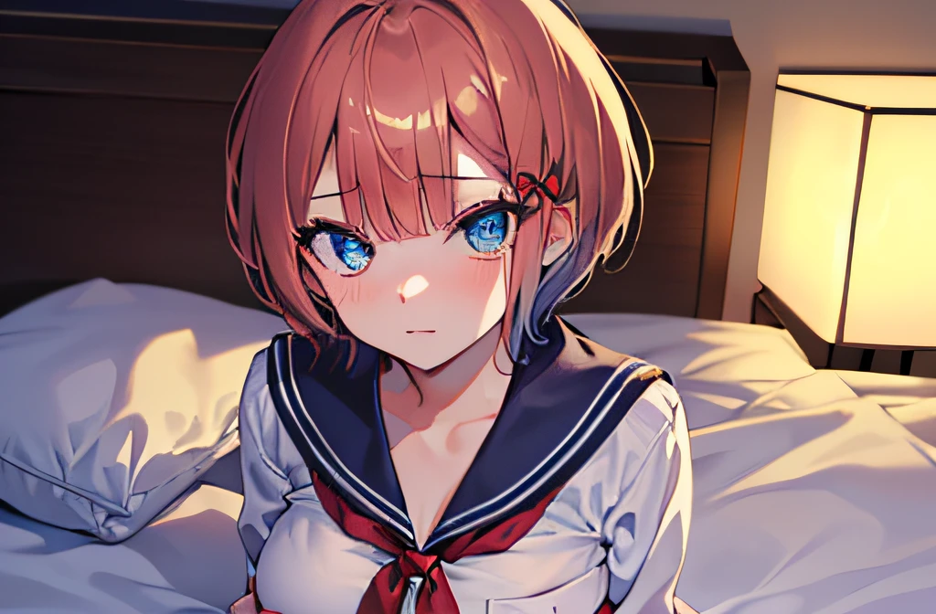 ((masterpiece)), ((best quality)), (ultra-detailed), on the bed, a cute girl, 1girl, solo, sailor suit, ((beautiful eyes)), short hair, large breast