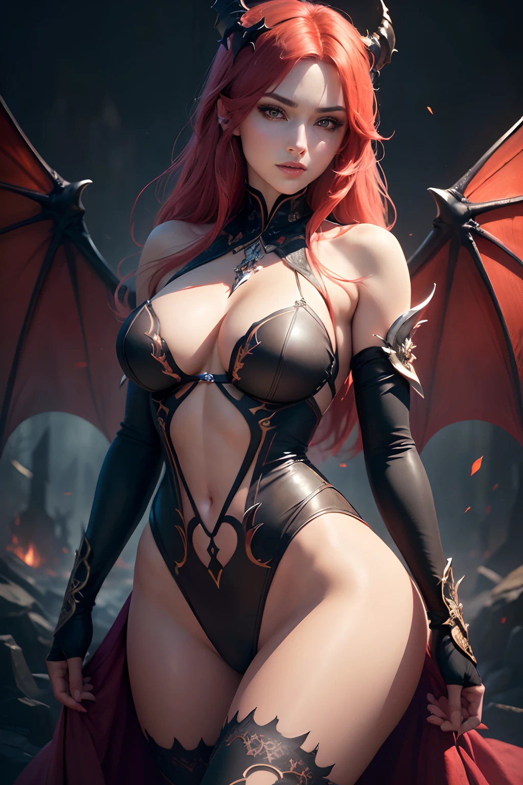 (realistic,high quality),detailed portrait of Rias Gremory,beautiful detailed eyes, gorgeous red hair flowing, seductive smile, flawless skin, (anime style), vibrant colors, soft lighting, (oil painting), intricate lace details on her clothing, devil wings unfolding majestically, (best quality,4k,highres), (fantasy), (demonic aura), (fine art), (sensual pose), (sharp focus), (vivid colors), (subtle shadows), (captivating expression), (intense gaze), (magical atmosphere), (ethereal beauty), (feminine power), (dark background), (mysterious aura), (supernatural), (seductive charm), (elegant presence), (fierce and confident), (strong-willed), (alluring temptress), (mythical beauty), (ultra-detailed), (demon queen), (mesmerizing).