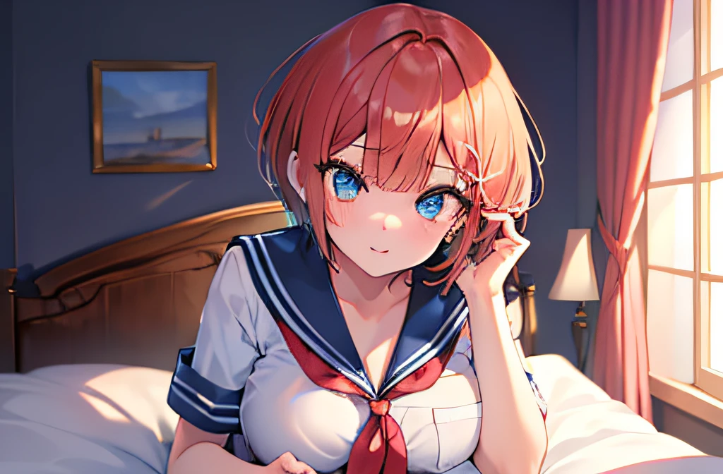 ((masterpiece)), ((best quality)), (ultra-detailed), on the bed, a cute girl, 1girl, solo, sailor suit, ((beautiful eyes)), short hair, large breast