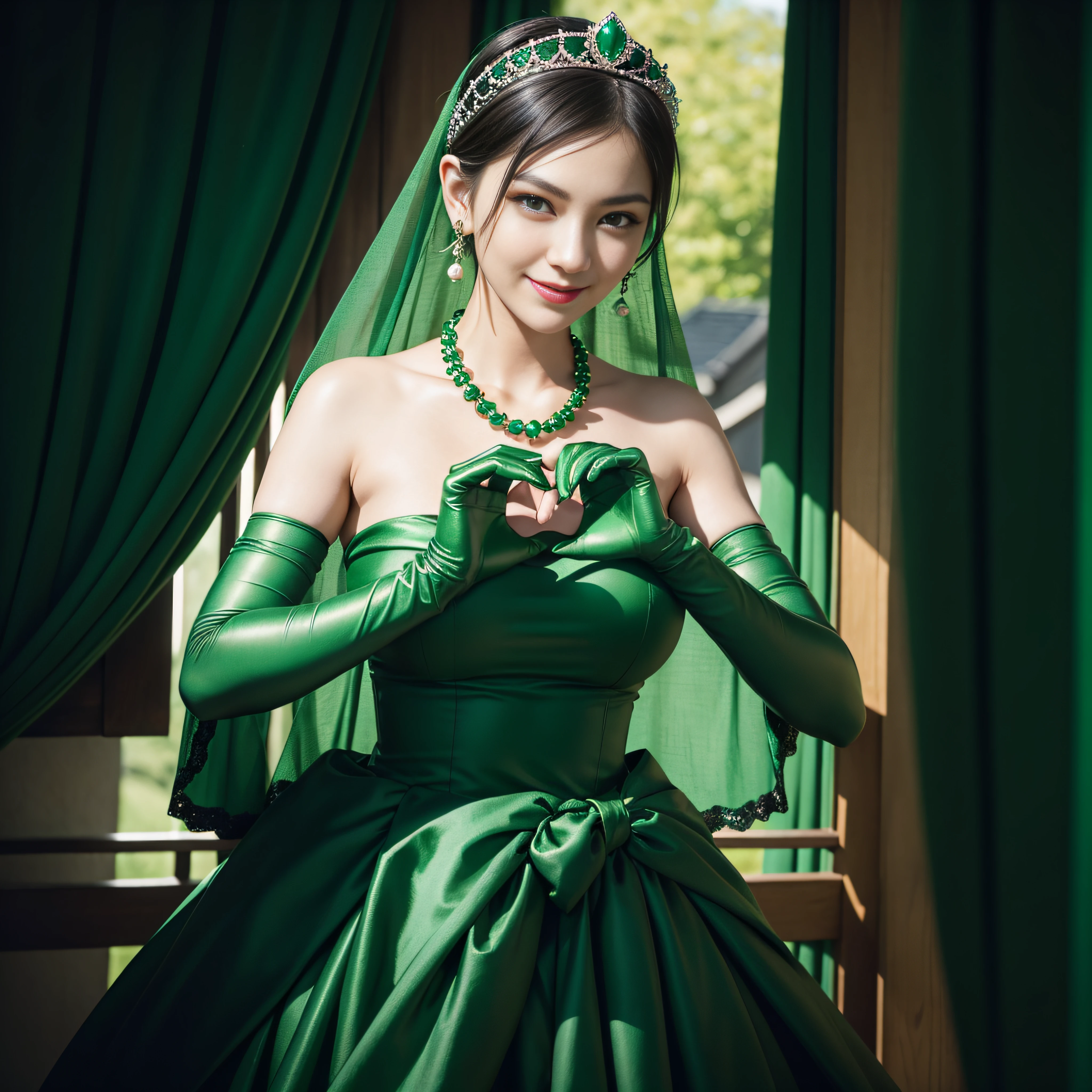 emerald tiara, Green Pearl Necklace, Boyish very short black hair, lipsticks, Japan woman smiling, very short short hair, big breasts beautiful, Green eyes, Long green gloves made of satin material, Green eyes, Emerald Earrings, green vale, Heart with both hands
