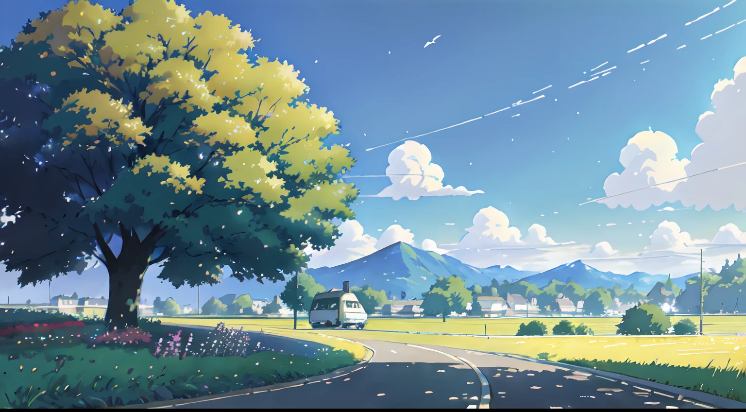 paysage, automne, (ciel gris: 1.5), (temps pluvieux : 1.5), aucun humain, Le meilleur des meilleurs, feuilles d’oranger, couleurs de l'automne, Feuilles qui tombent, Arrière-plan paysager, ombres, contraste, Makoto Shinkai (Meilleure qualité:1.3), (Haute résolution:1) Art par Studio Ghibli Style, impressionnisme, couleurs vibrante