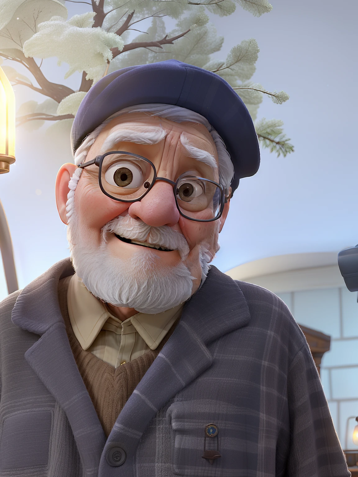 A wise old man standing in front, illuminated by the light of a lamp, against the backdrop of a library