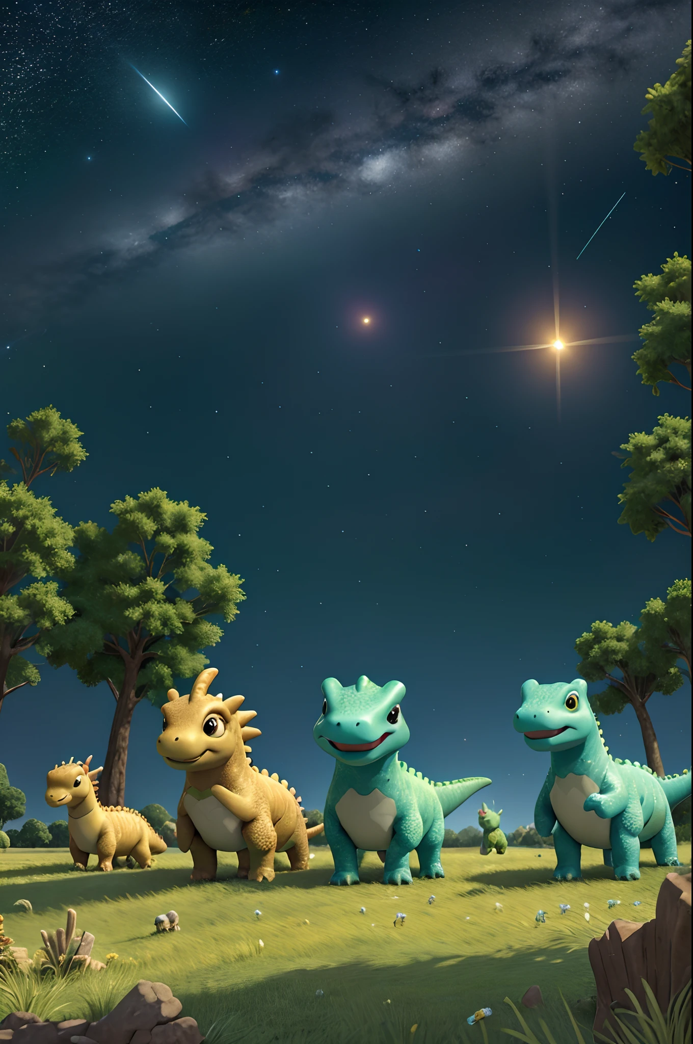 A shiny big meteor cross the starry sky, mid shot of a herbivorous dinosaur horde walking on a green prairie, highly detailed.